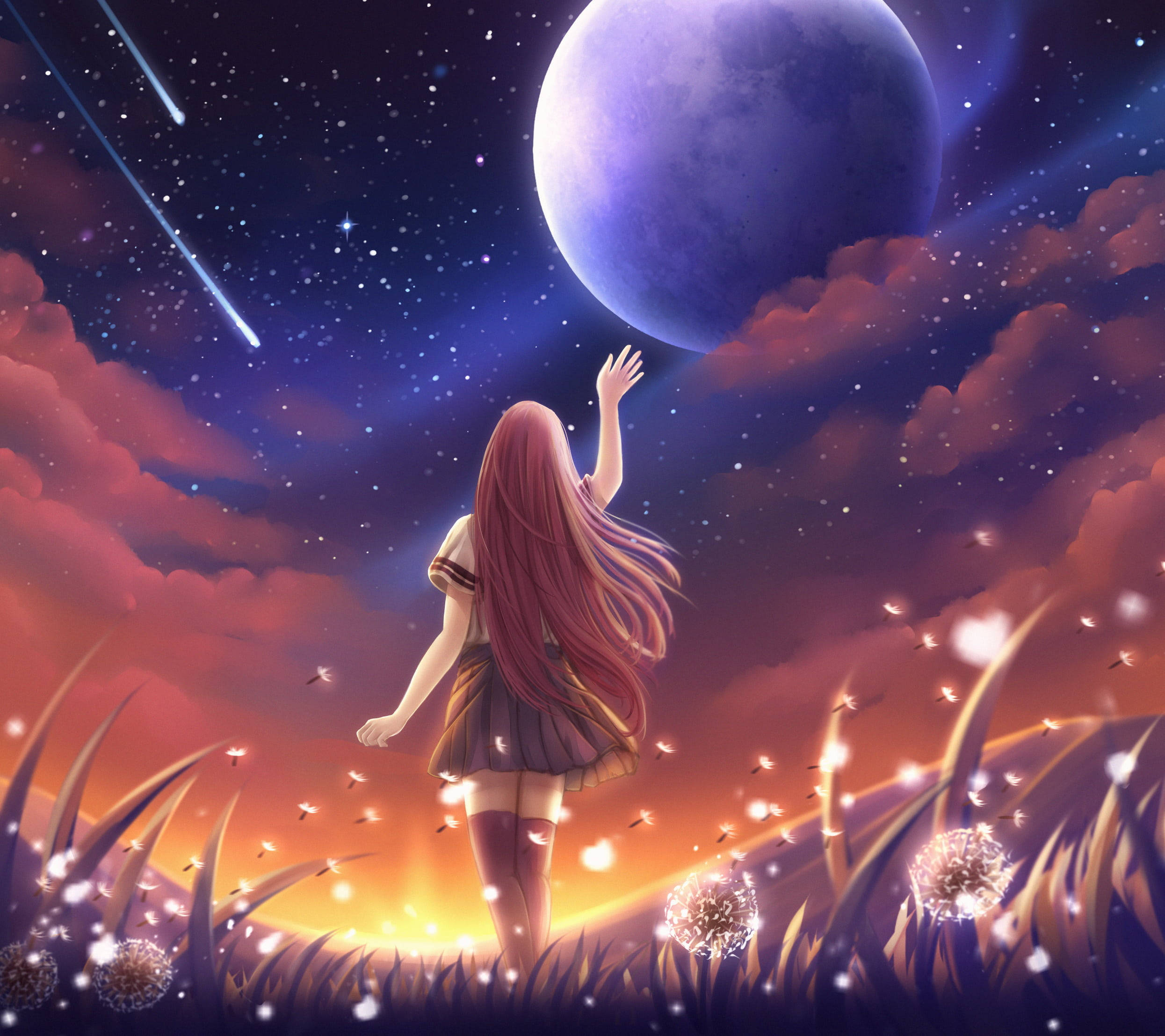 Love Alone Reaching Moon, giant purple moon, starry twilight sky, Full HD Desktop Wallpaper