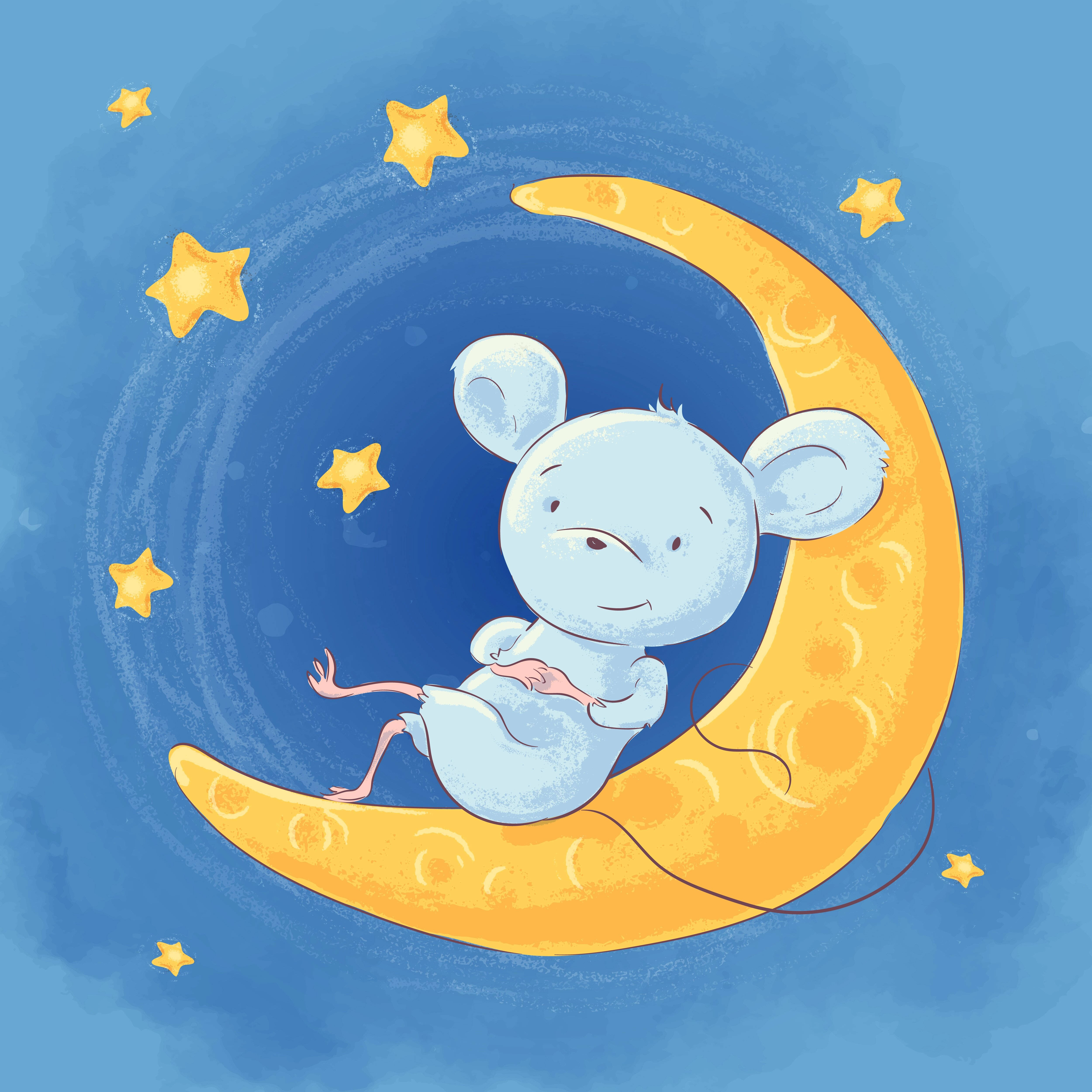 light blue mouse, golden crescent moon, glowing yellow stars, 4K Desktop Wallpaper