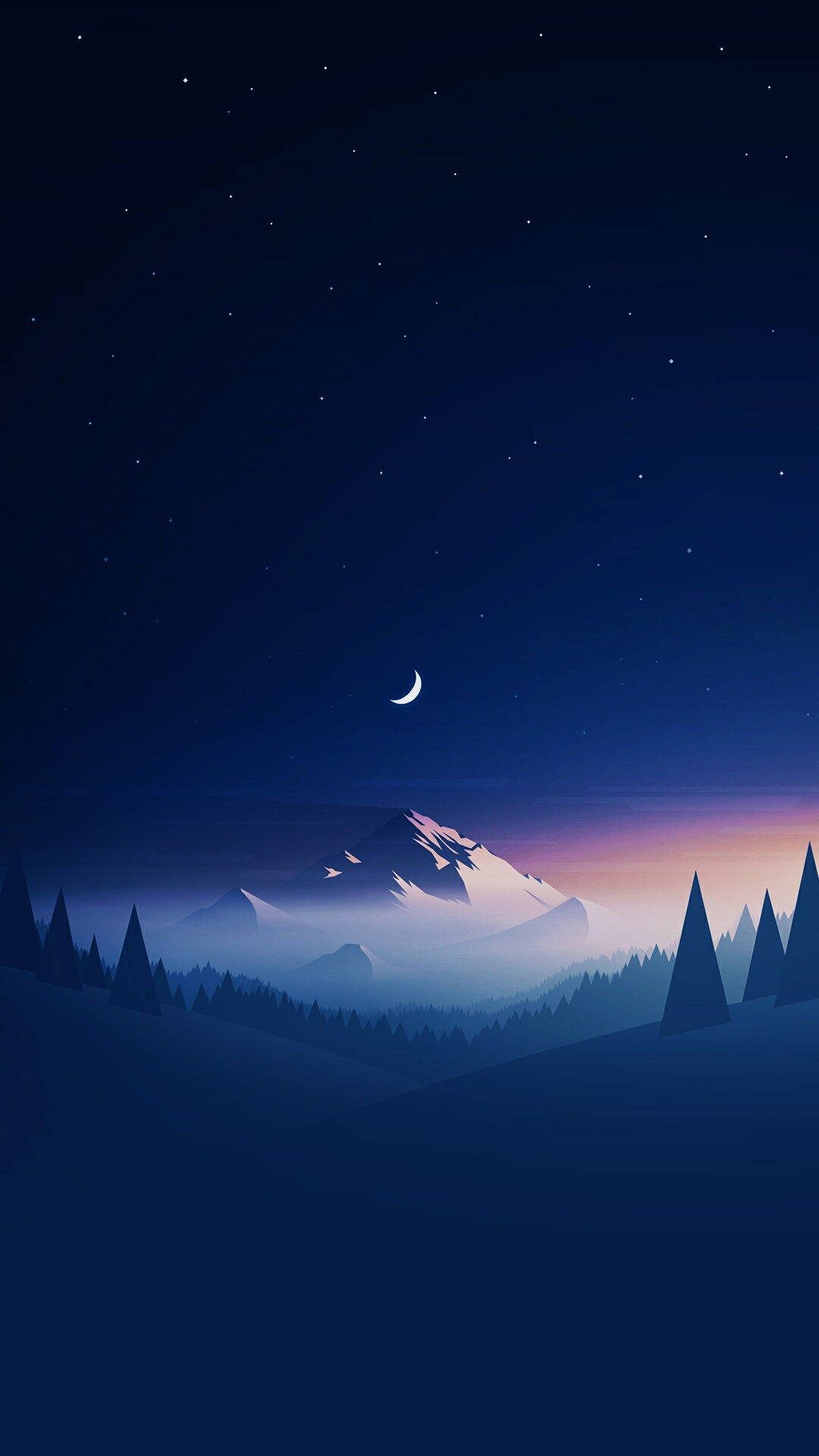 Mountain Stars Moon Illustration, crescent moon, stars, Full HD Phone Wallpaper