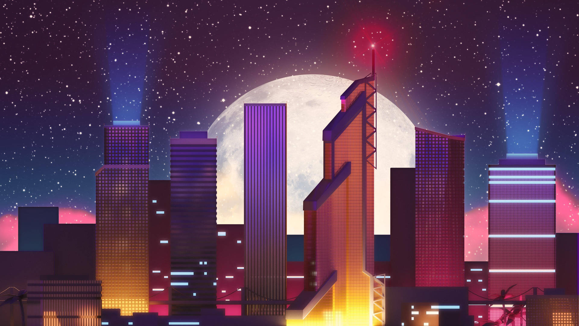 Moon And Stars Cityscape Art, neon-drenched cyberpunk cityscape, towering skyscrapers, Full HD Desktop Wallpaper