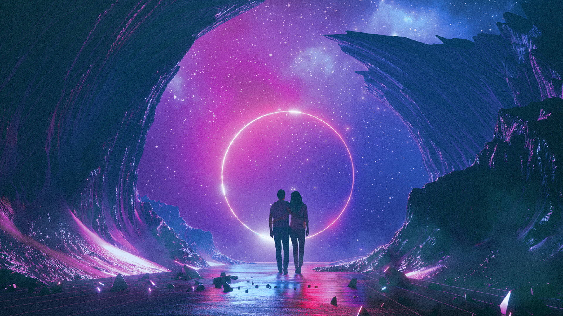 cosmic ring, swirling nebula, jagged alien rock formations, Full HD Desktop Wallpaper