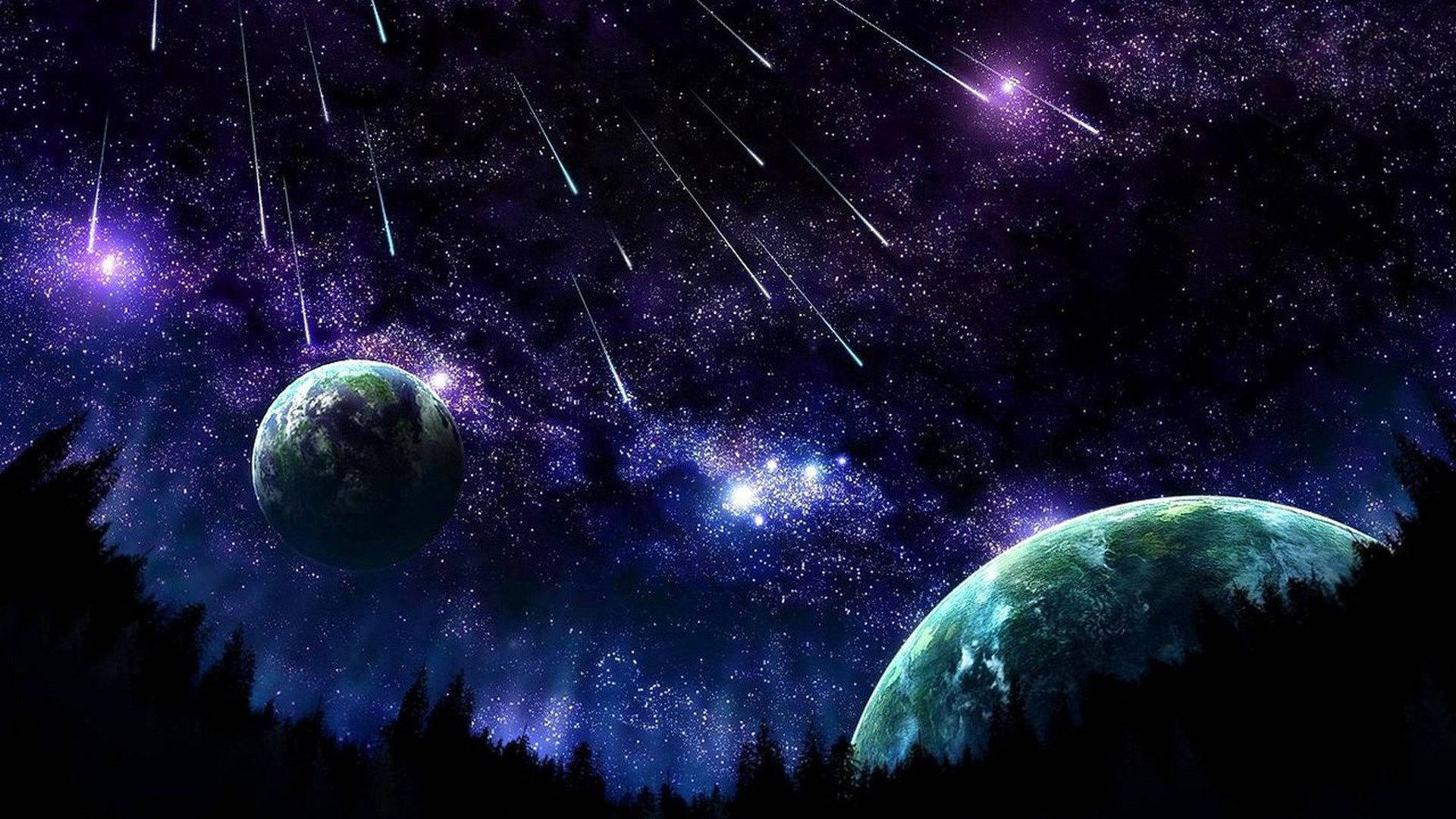 Large Moon And Falling Stars, cosmic night sky, shooting stars, Full HD Desktop Wallpaper