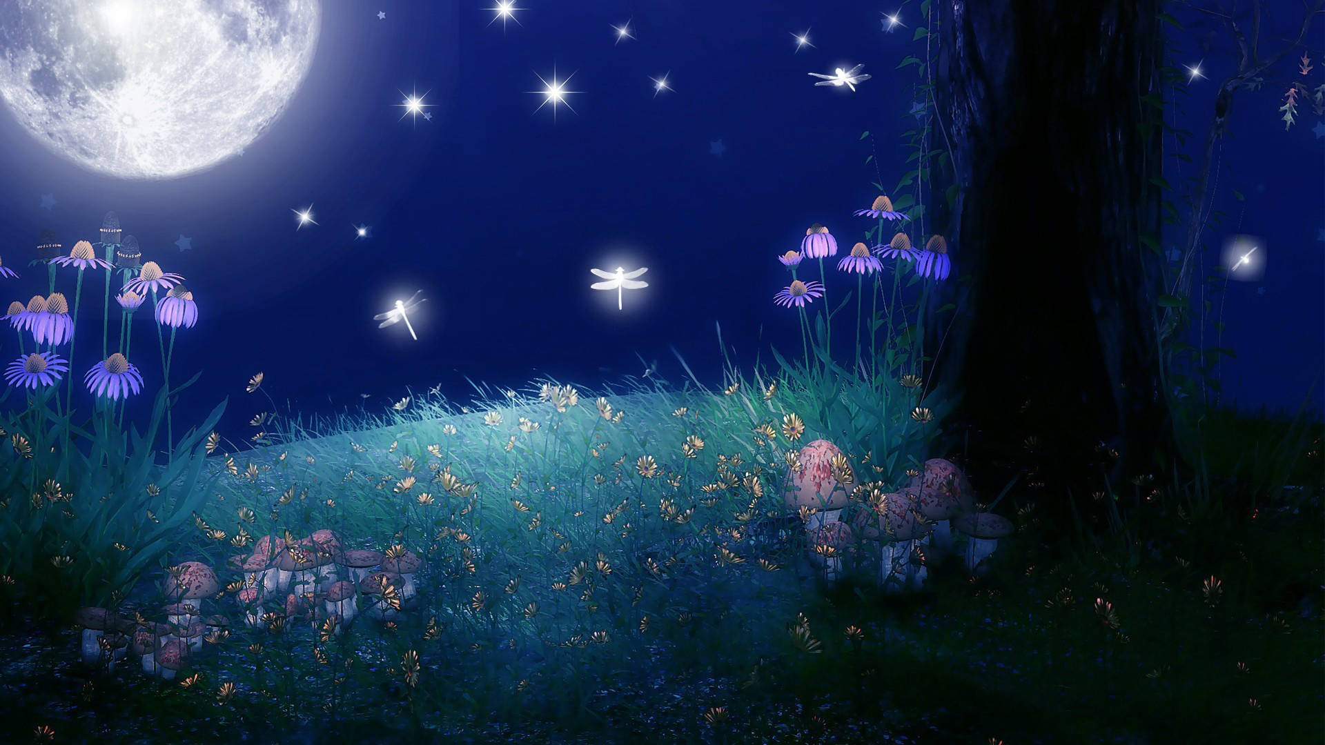 magical moonlit meadow, glowing fireflies, purple flowers, Full HD Desktop Wallpaper