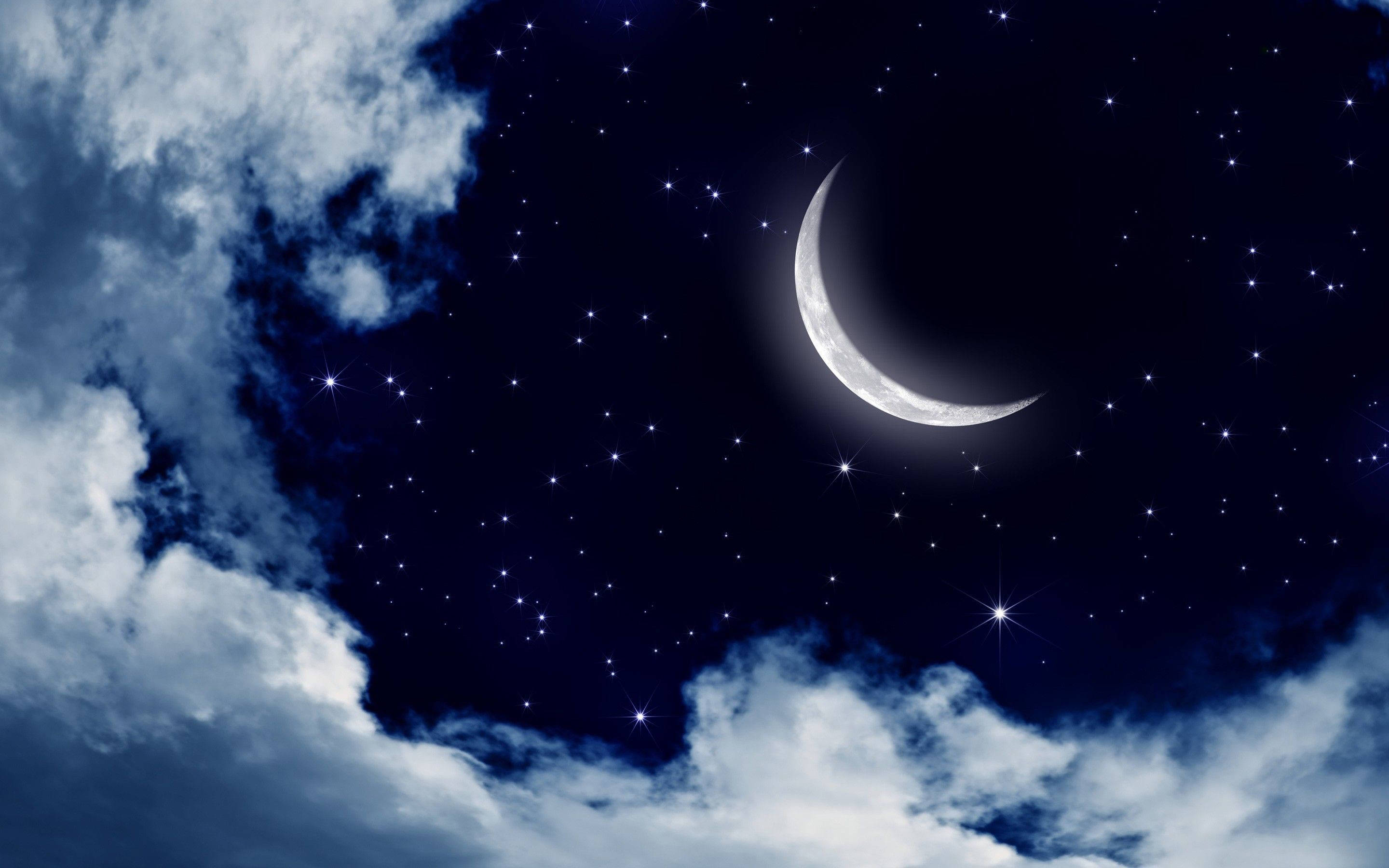 crescent moon, twinkling stars, deep blue night sky, 2K Desktop Wallpaper