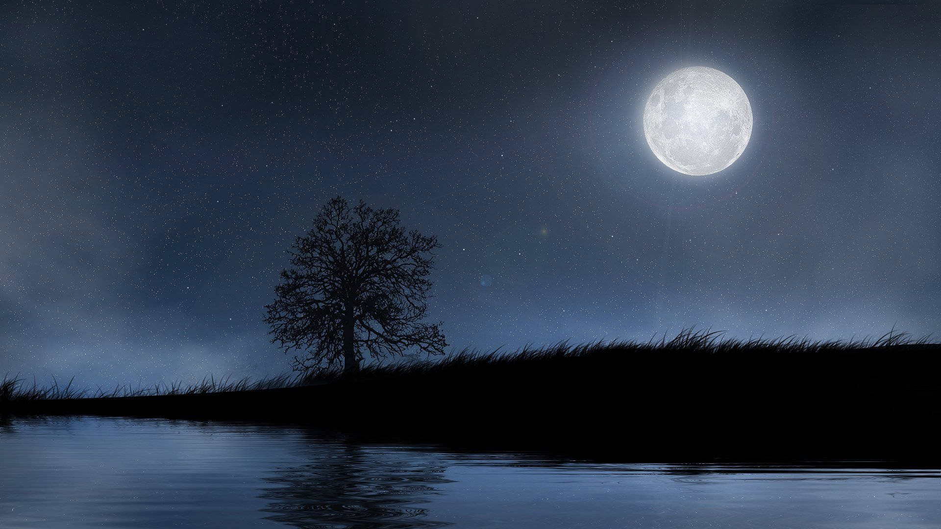 Moon And Stars Serene Lake, full moon, calm water, Full HD Desktop Wallpaper