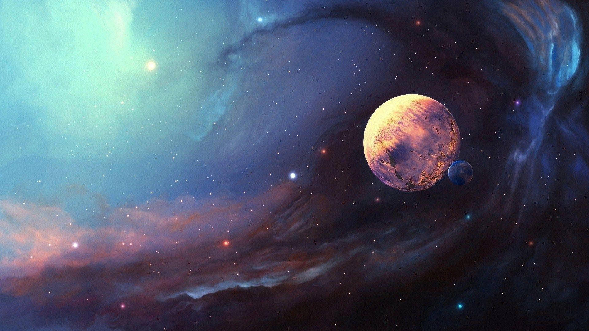 Moon And Stars, marble galaxy, glowing planet, Full HD Desktop Wallpaper
