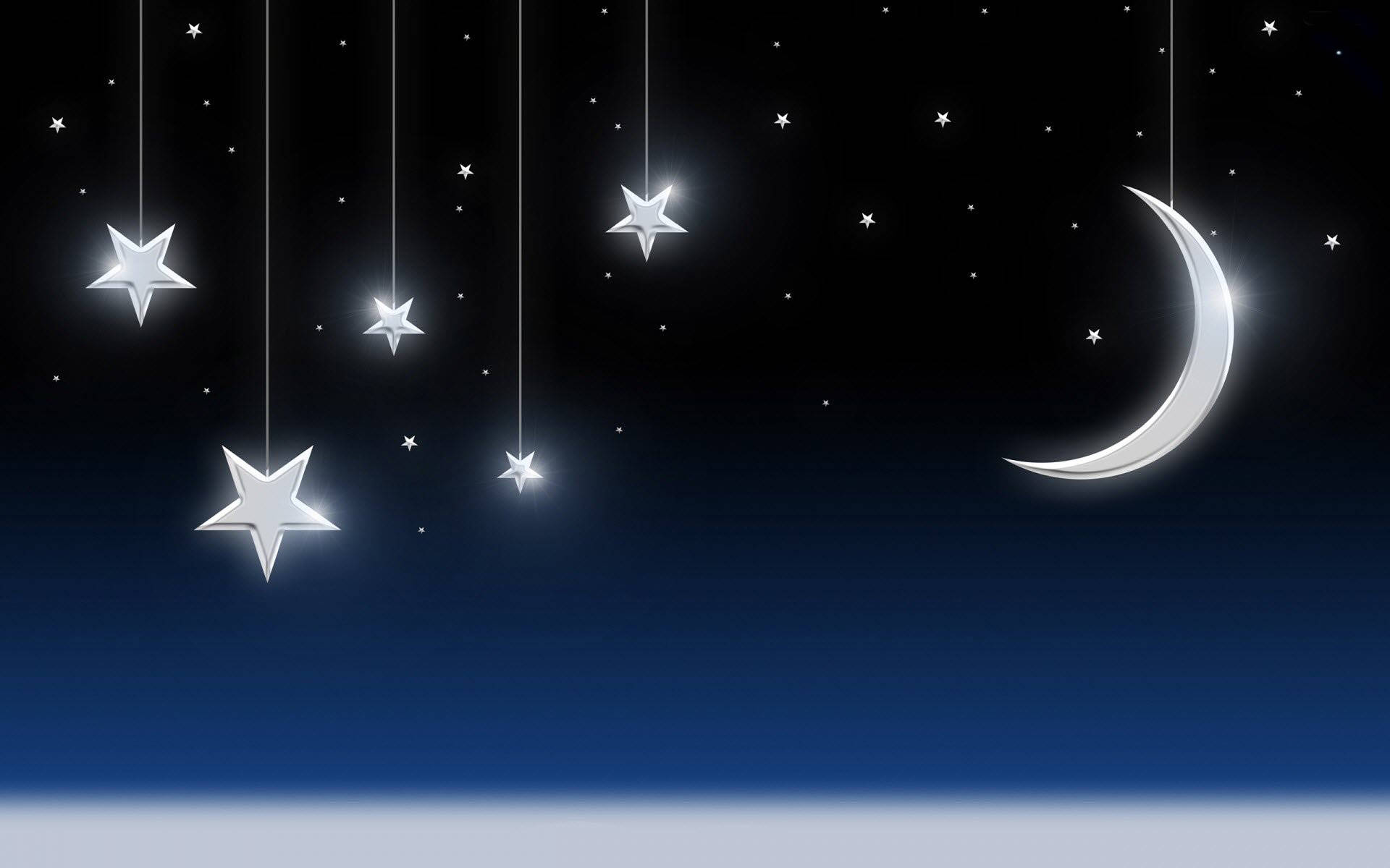 crescent moon, silver stars, gradient night sky, Full HD Desktop Wallpaper