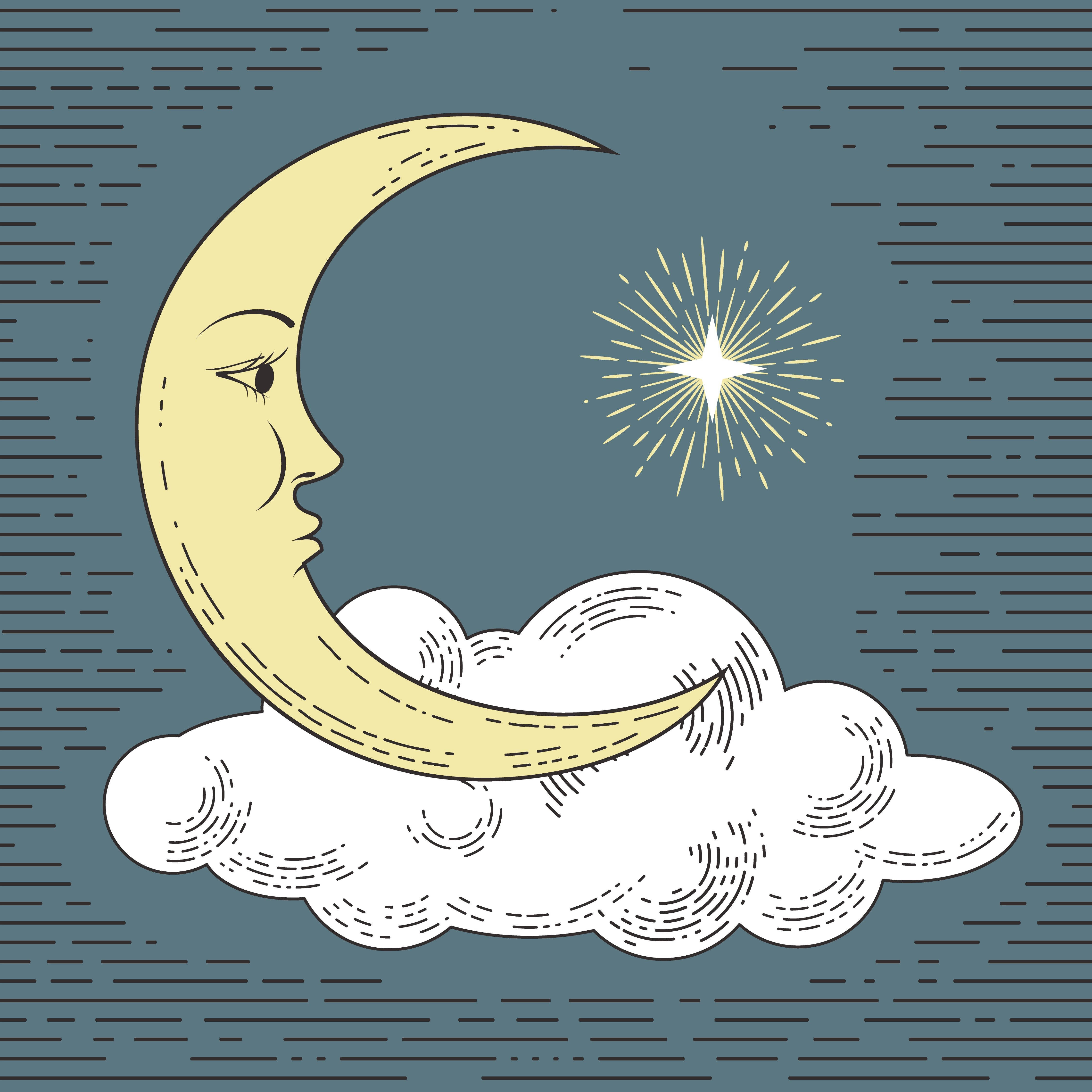 crescent moon, serene face, fluffy cloud, 4K Desktop Wallpaper