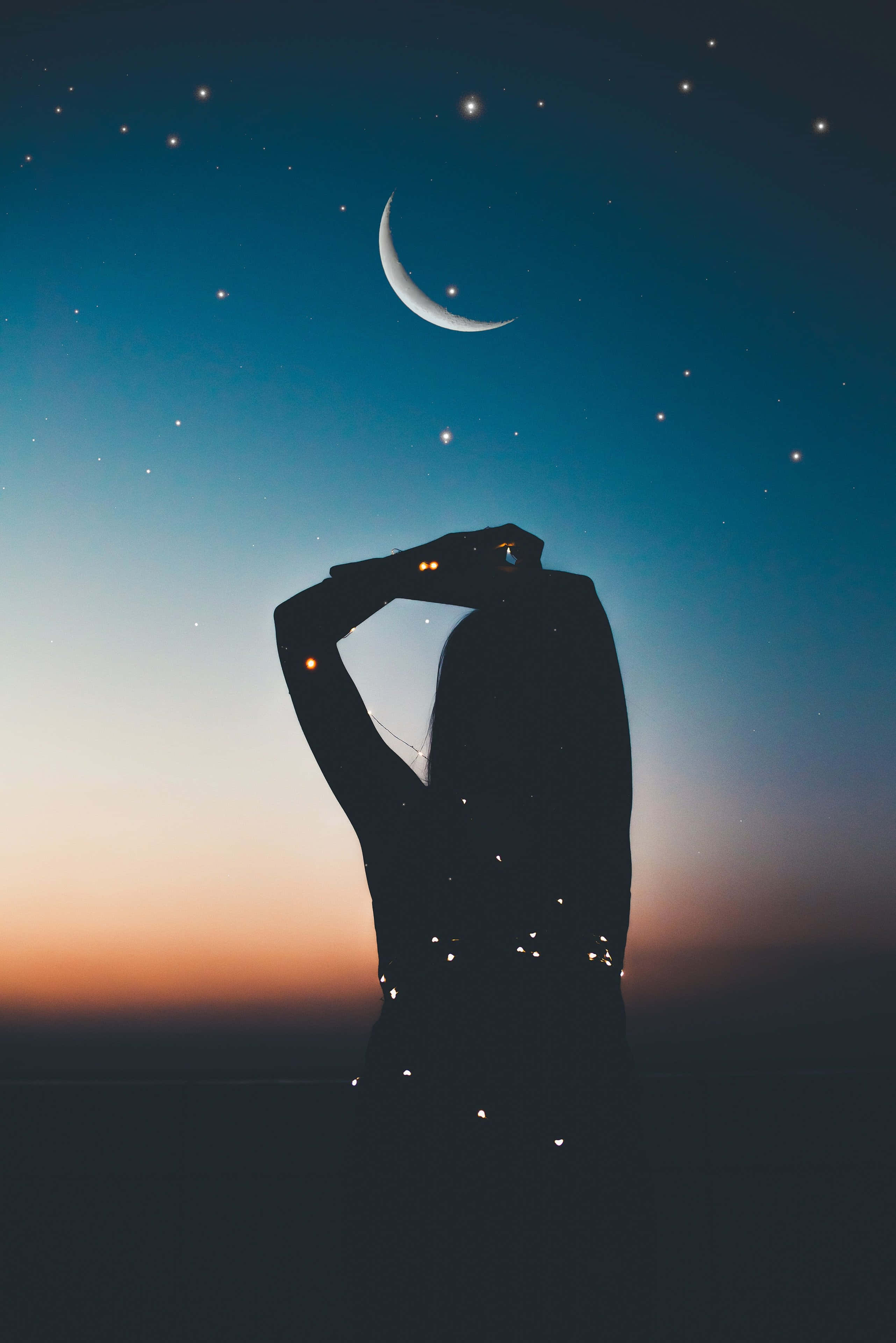 crescent moon, stars, twilight sky, 4K Phone Wallpaper