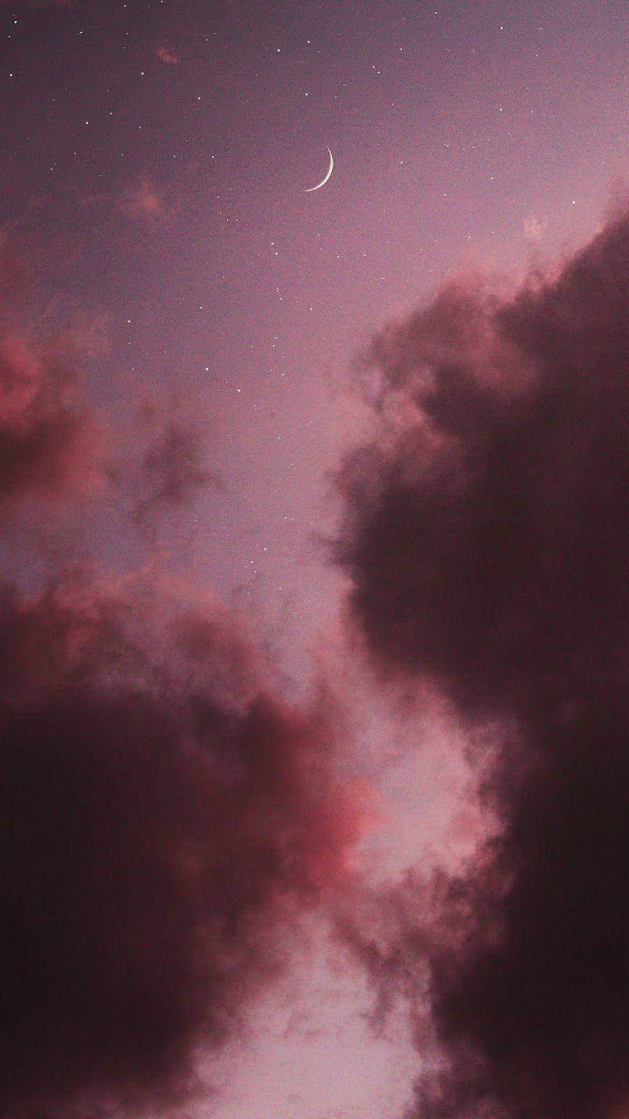 crescent moon, swirling magenta clouds, starry twilight sky, HD Phone Wallpaper