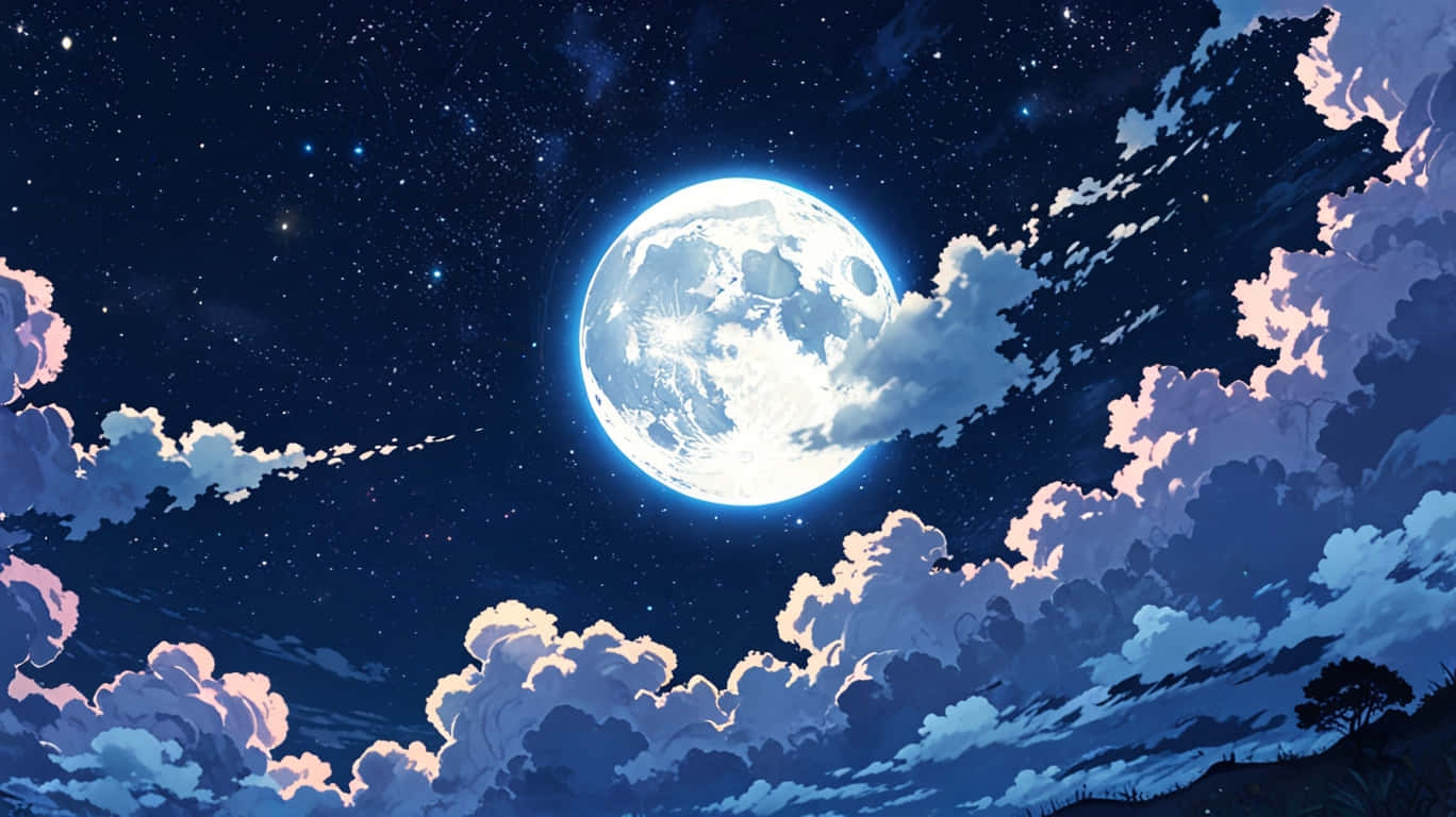 full moon, soft pink and blue clouds, starry midnight sky, HD Desktop Wallpaper