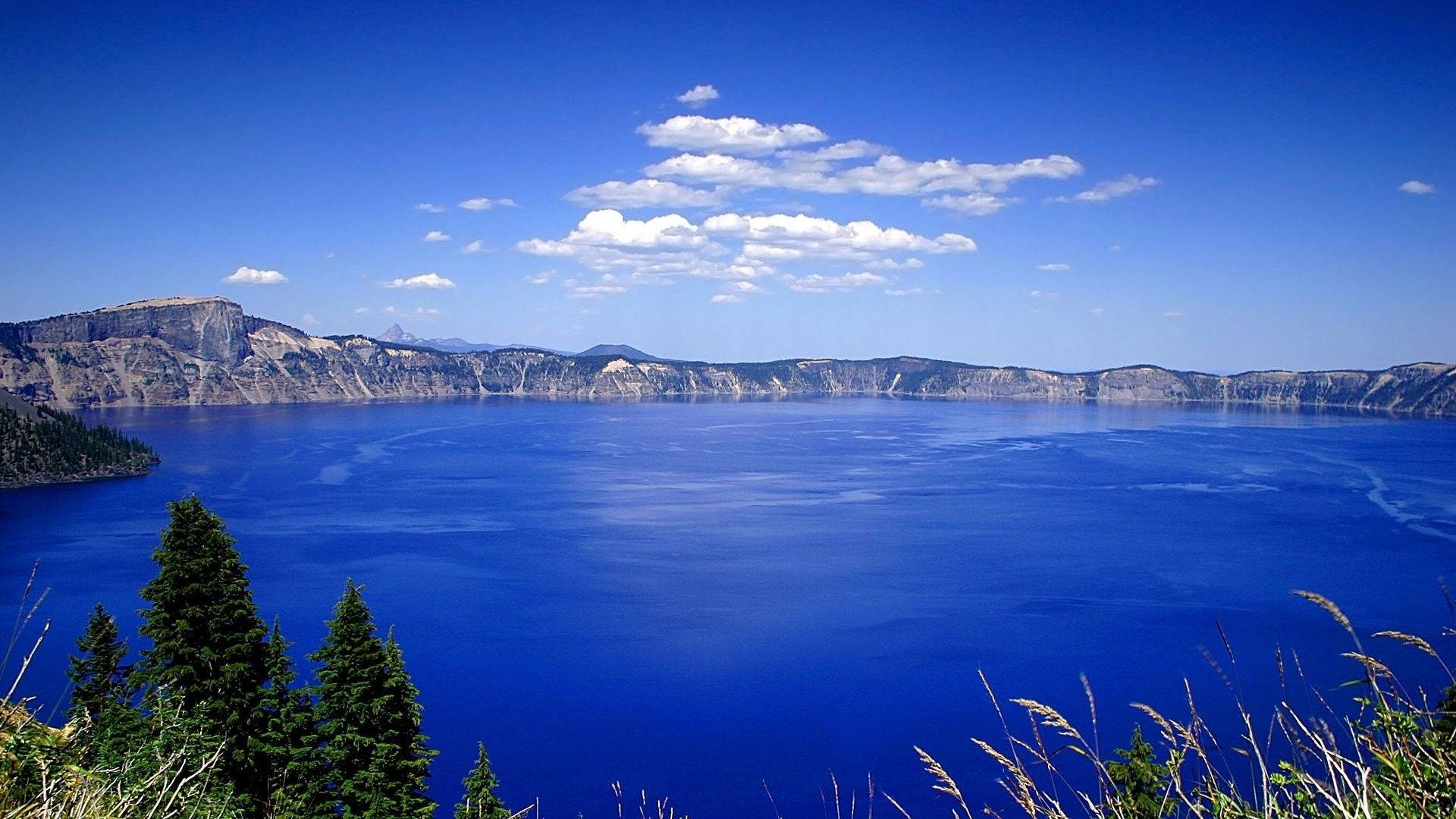 crater lake, blue sky, rugged volcanic cliffs, Full HD Desktop Wallpaper