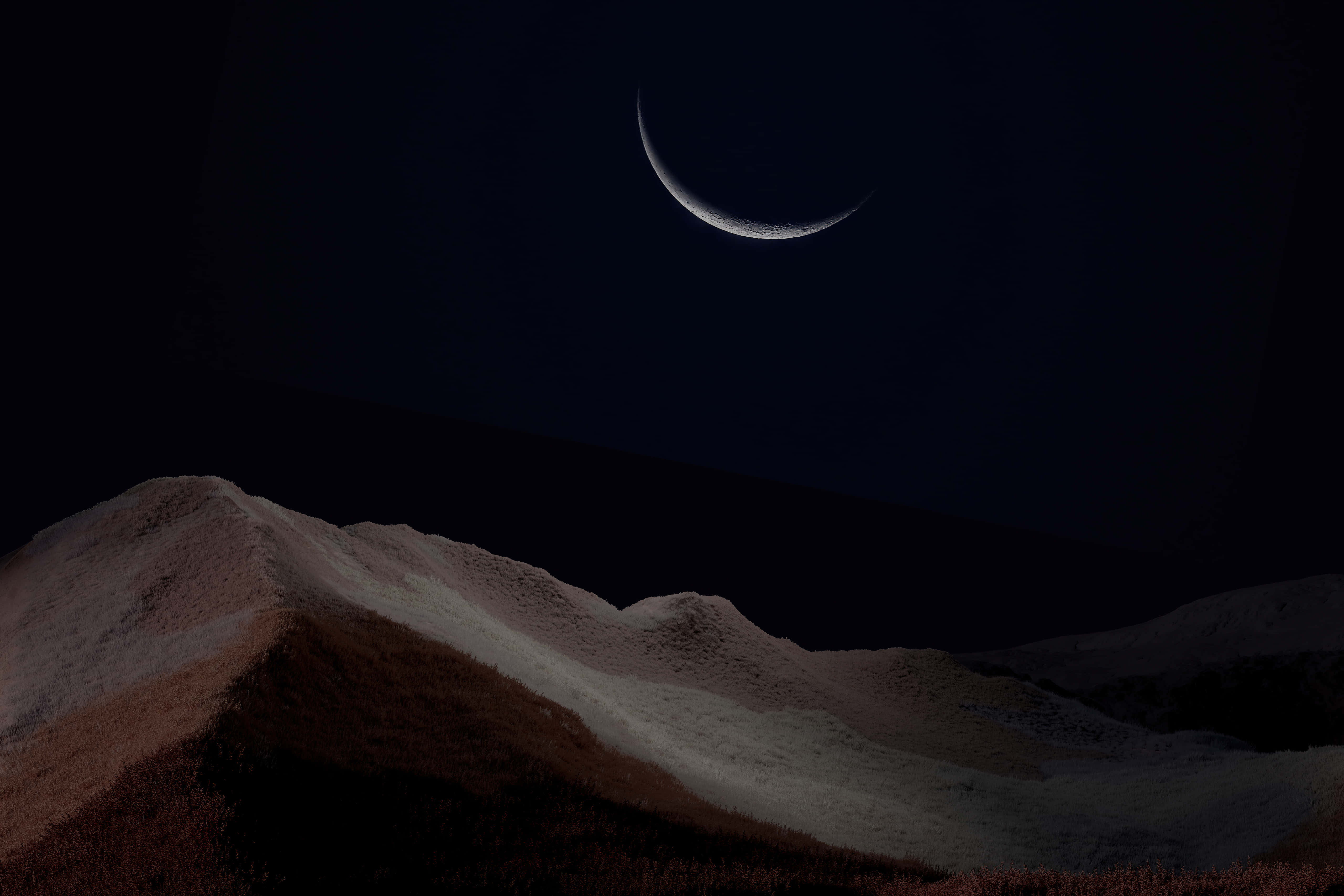 crescent moon, snow-dusted mountain ridges, deep indigo night sky, 5K Desktop Wallpaper