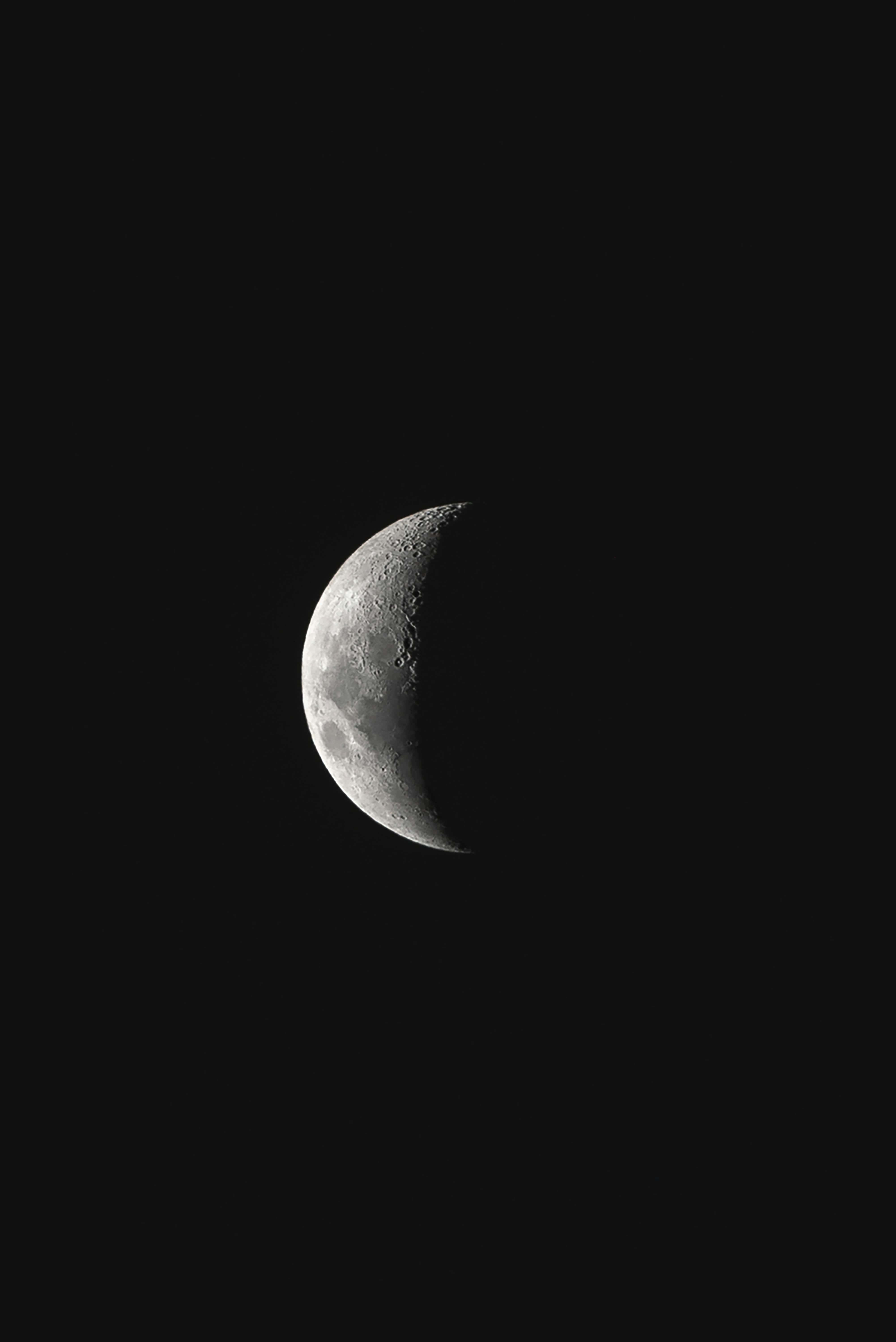 crescent moon, pitch-black sky, craters, 5K Phone Wallpaper