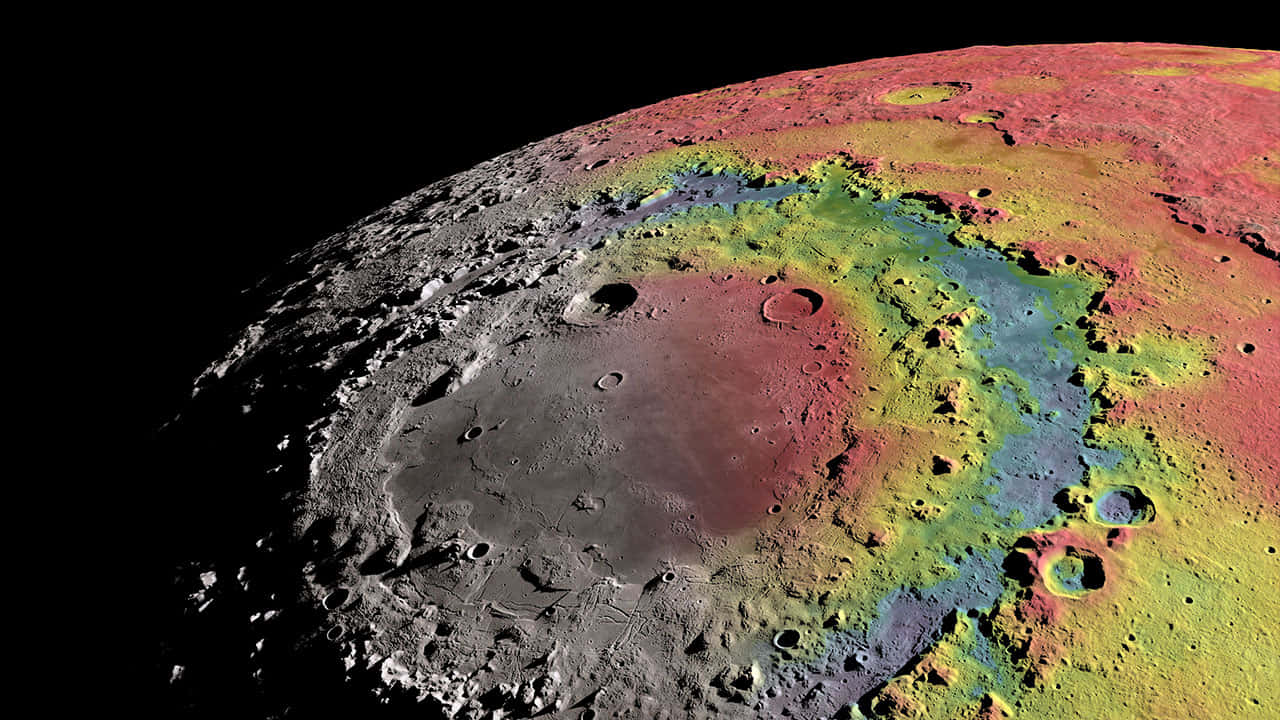 colorful moon crater topography, cratered celestial body, vibrant red yellow and blue hues, HD Desktop Wallpaper