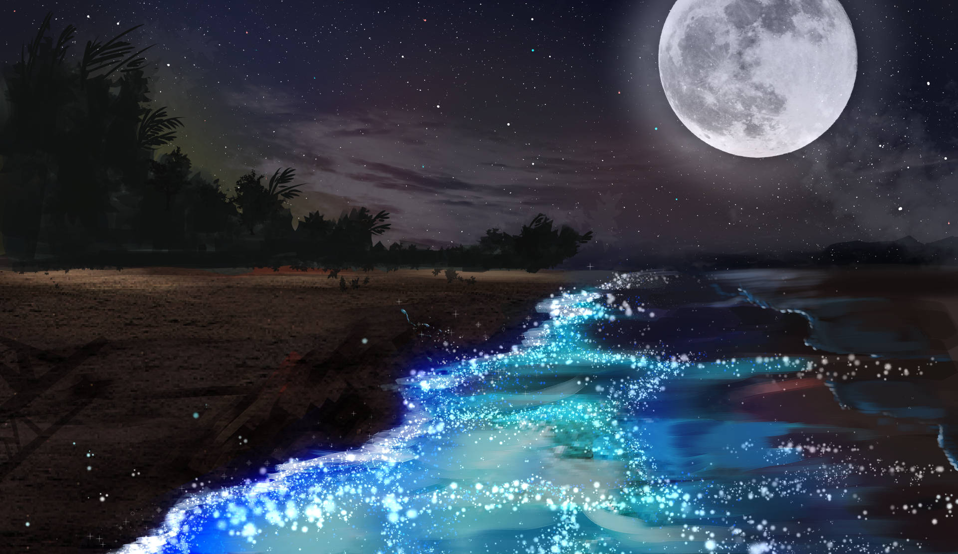bioluminescent wave, sandy beach, full moon, Full HD Desktop Wallpaper
