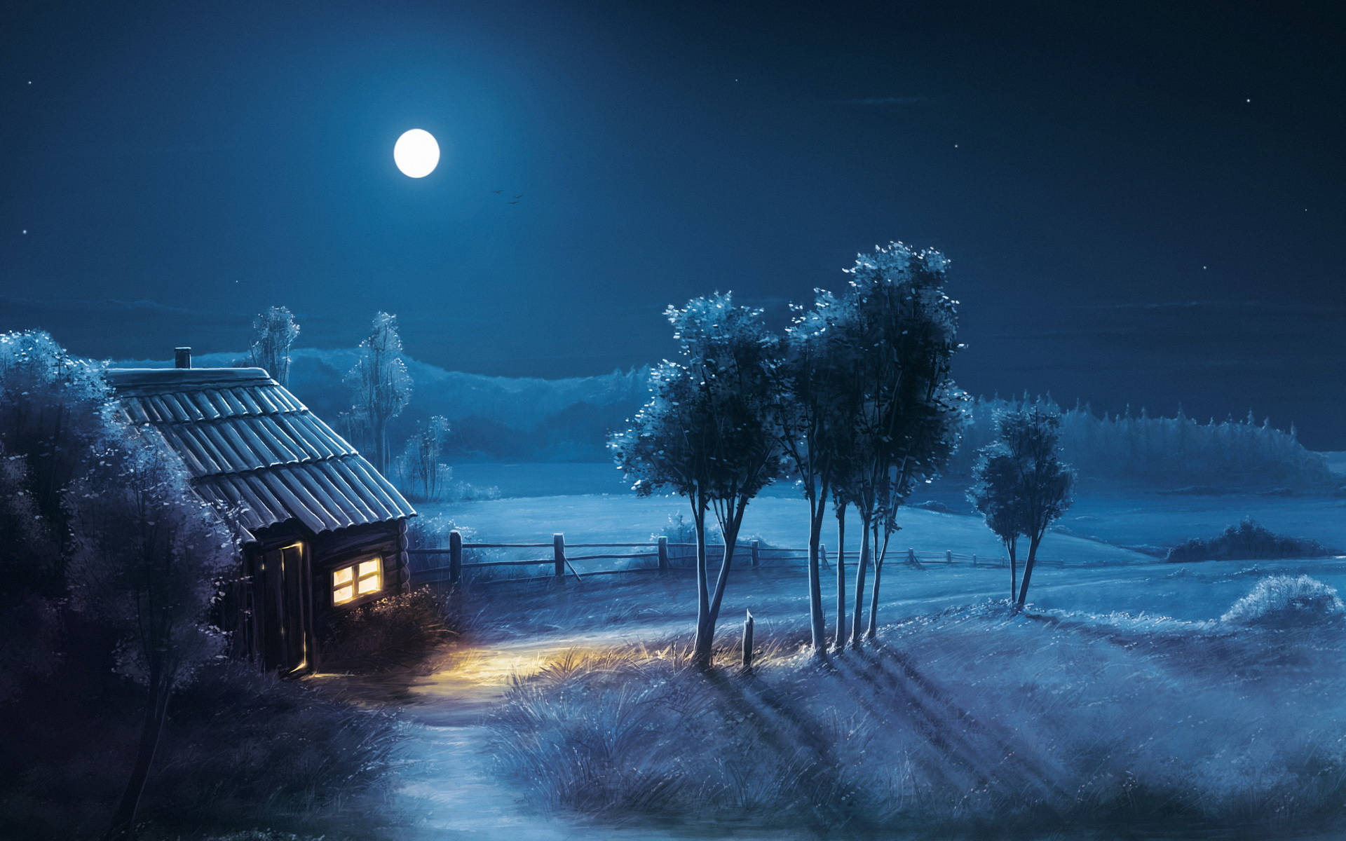 country moon night sky, cabin, full moon, Full HD Desktop Wallpaper