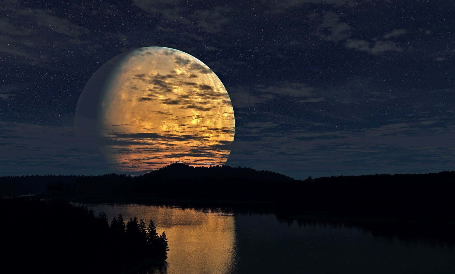 Glowing Full Moon, dark forested lake, fiery orange and yellow hues, HD Desktop Wallpaper