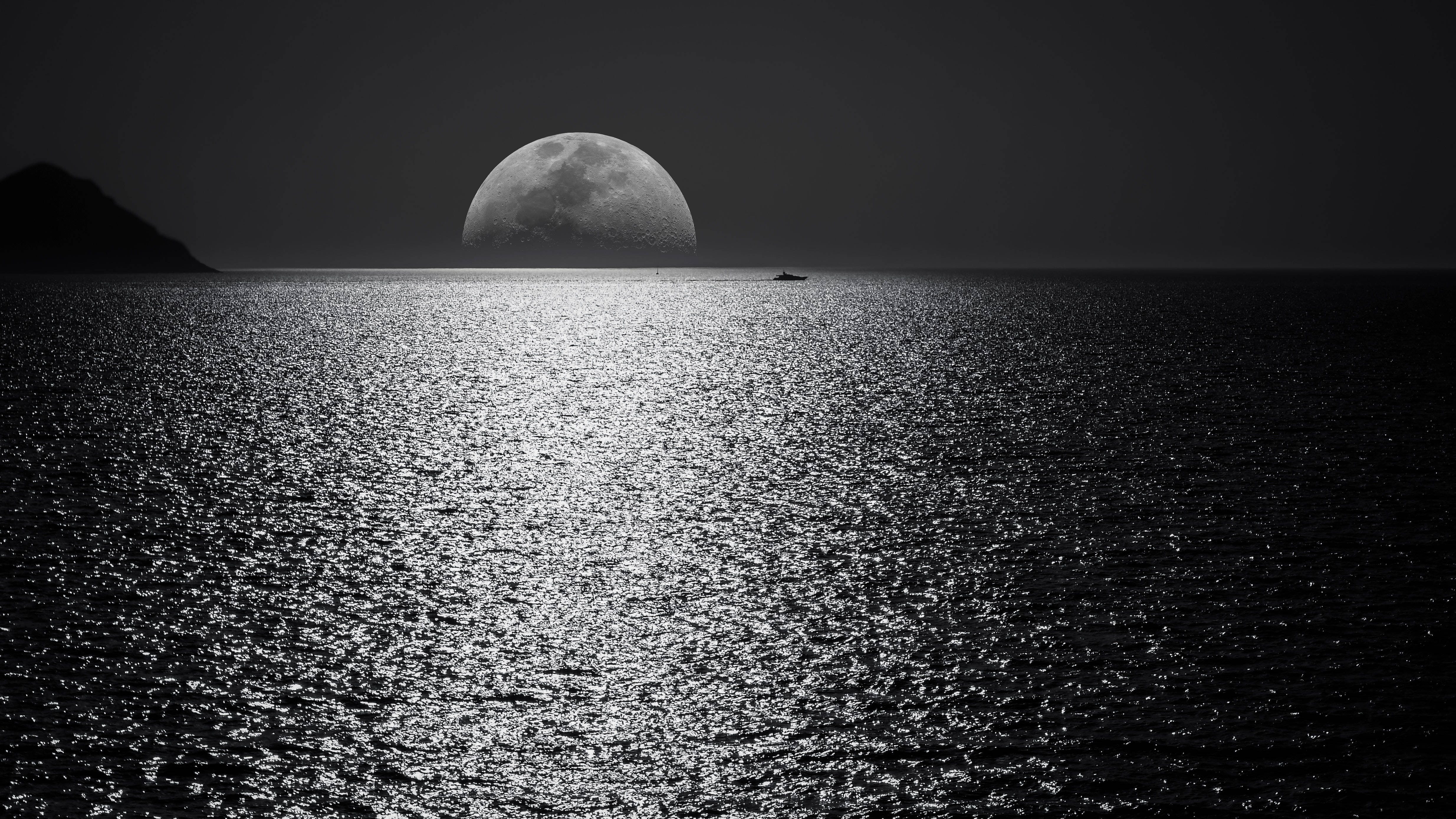 Full Moon, ocean, calm waters, 4K Desktop Wallpaper