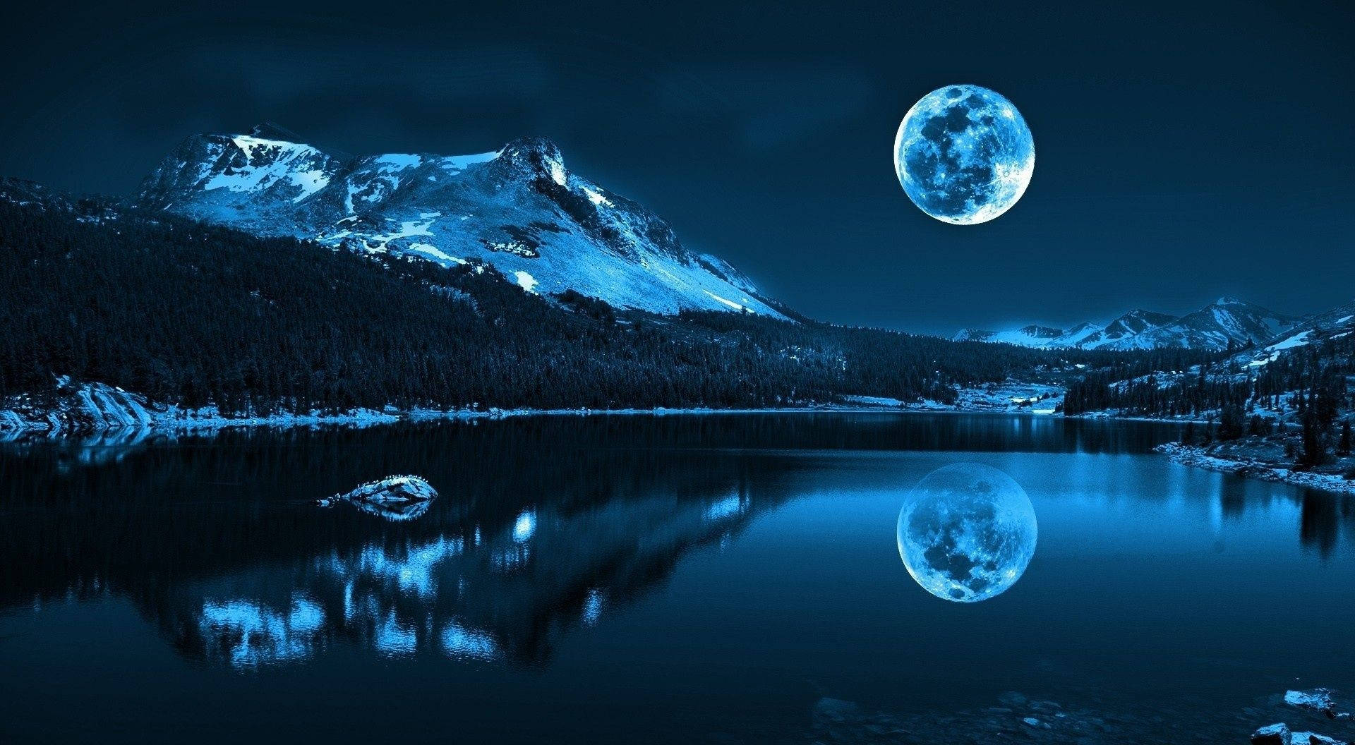 Dark Moon, winter lake, glowing moon, Full HD Desktop Wallpaper