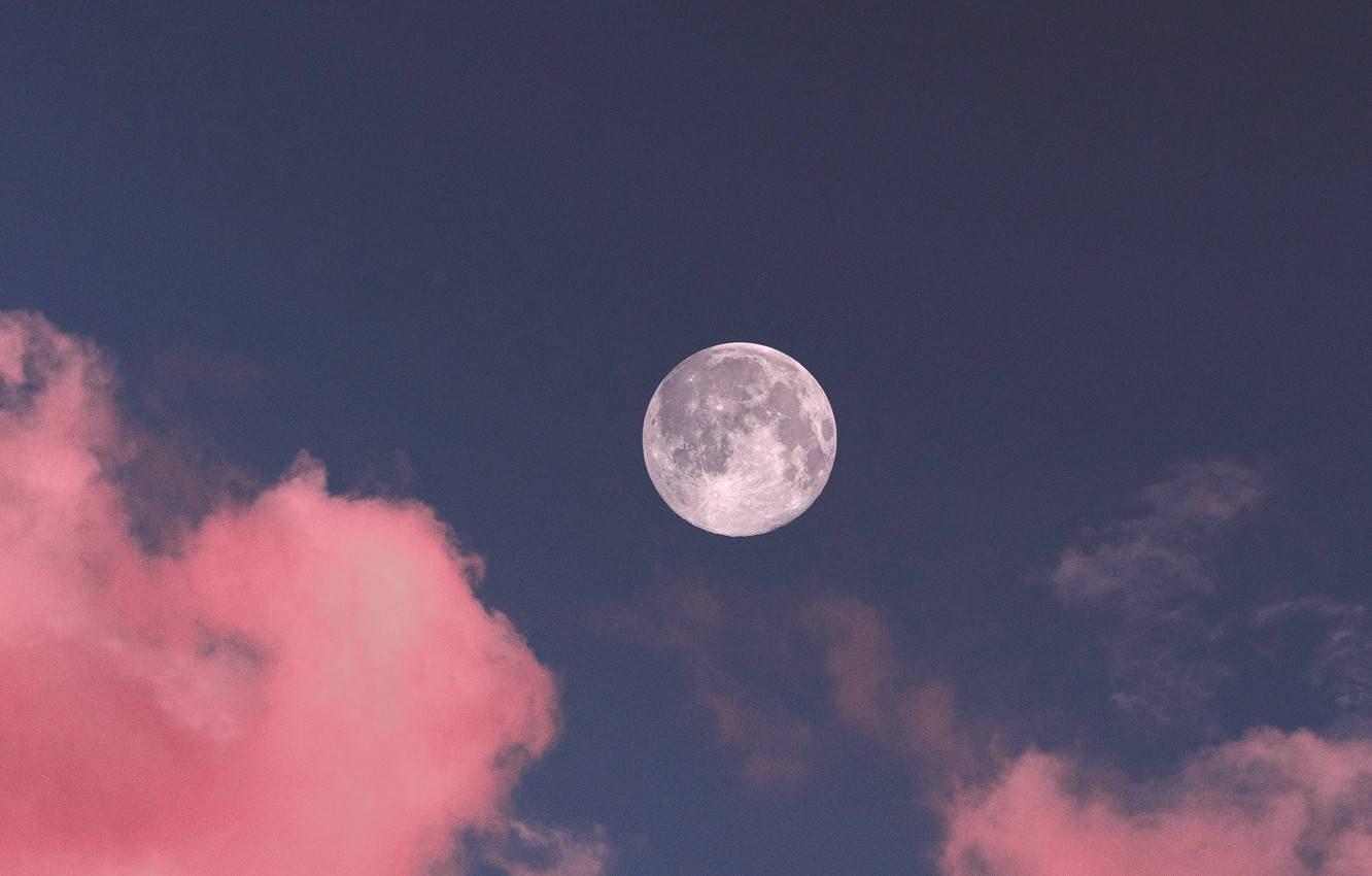 pink clouds, full moon, deep blue sky, HD Desktop Wallpaper