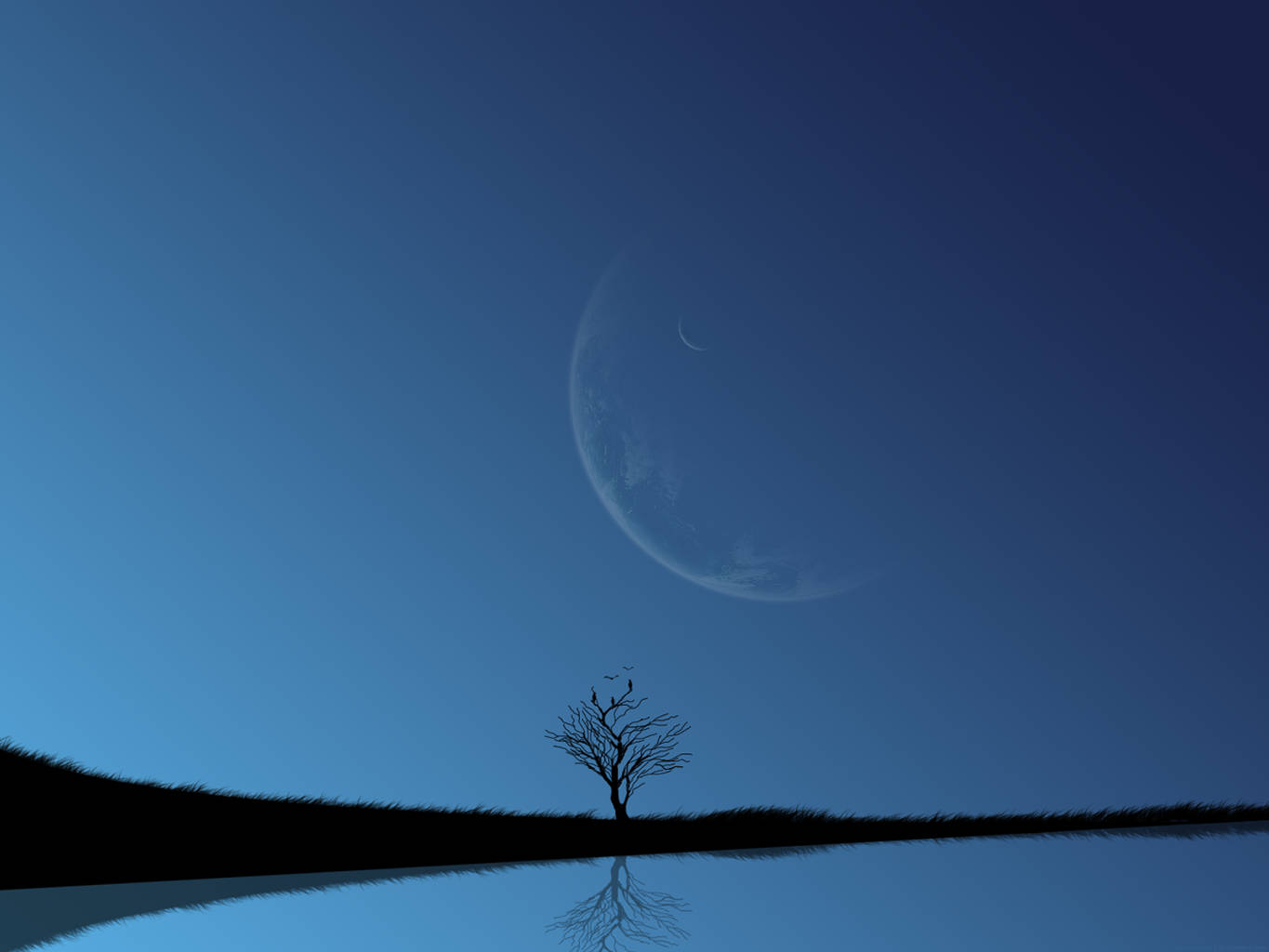 crescent moon, calm water, grassy shore, HD Desktop Wallpaper