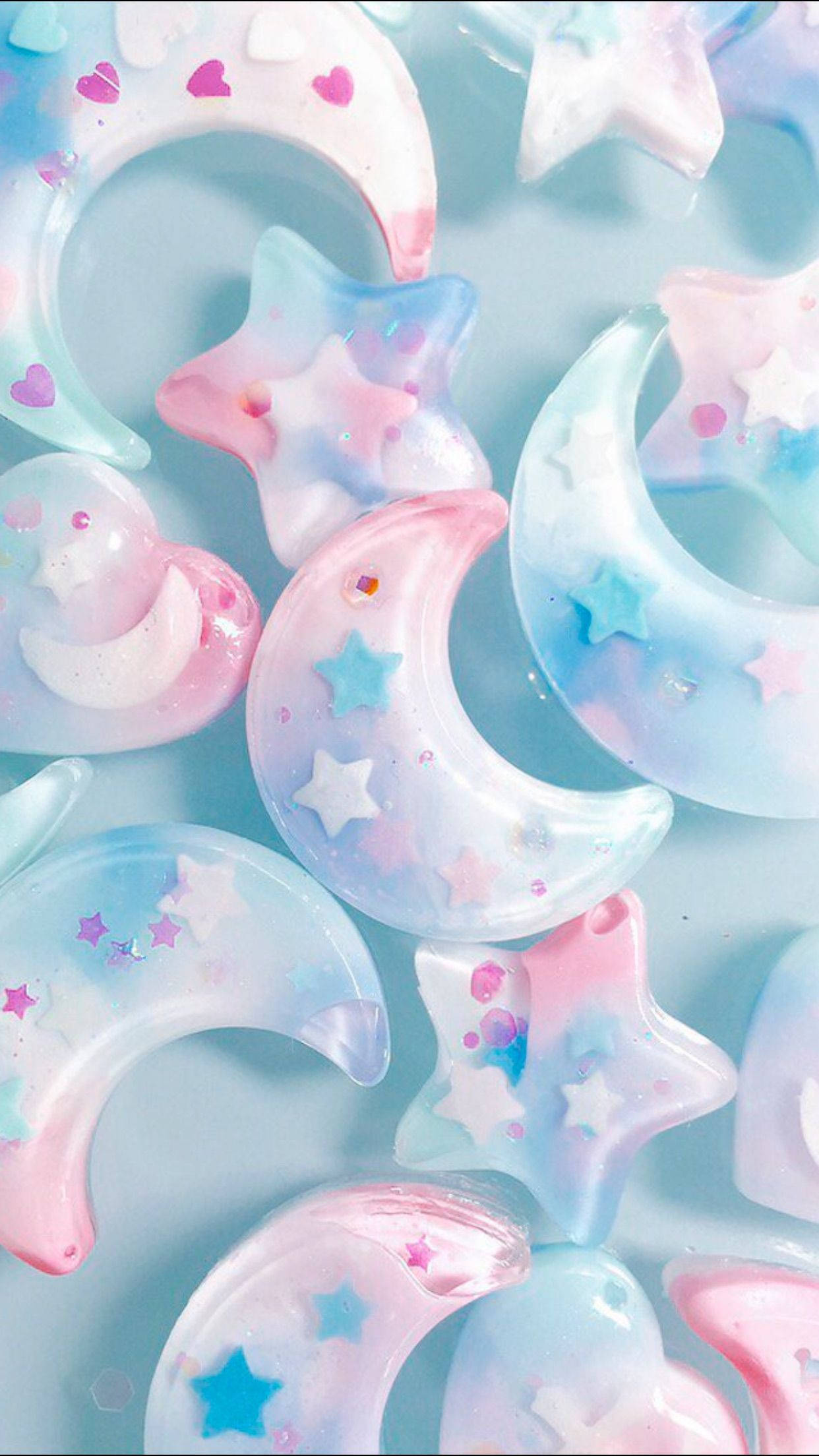 pink blue, moons, stars, Full HD Phone Wallpaper