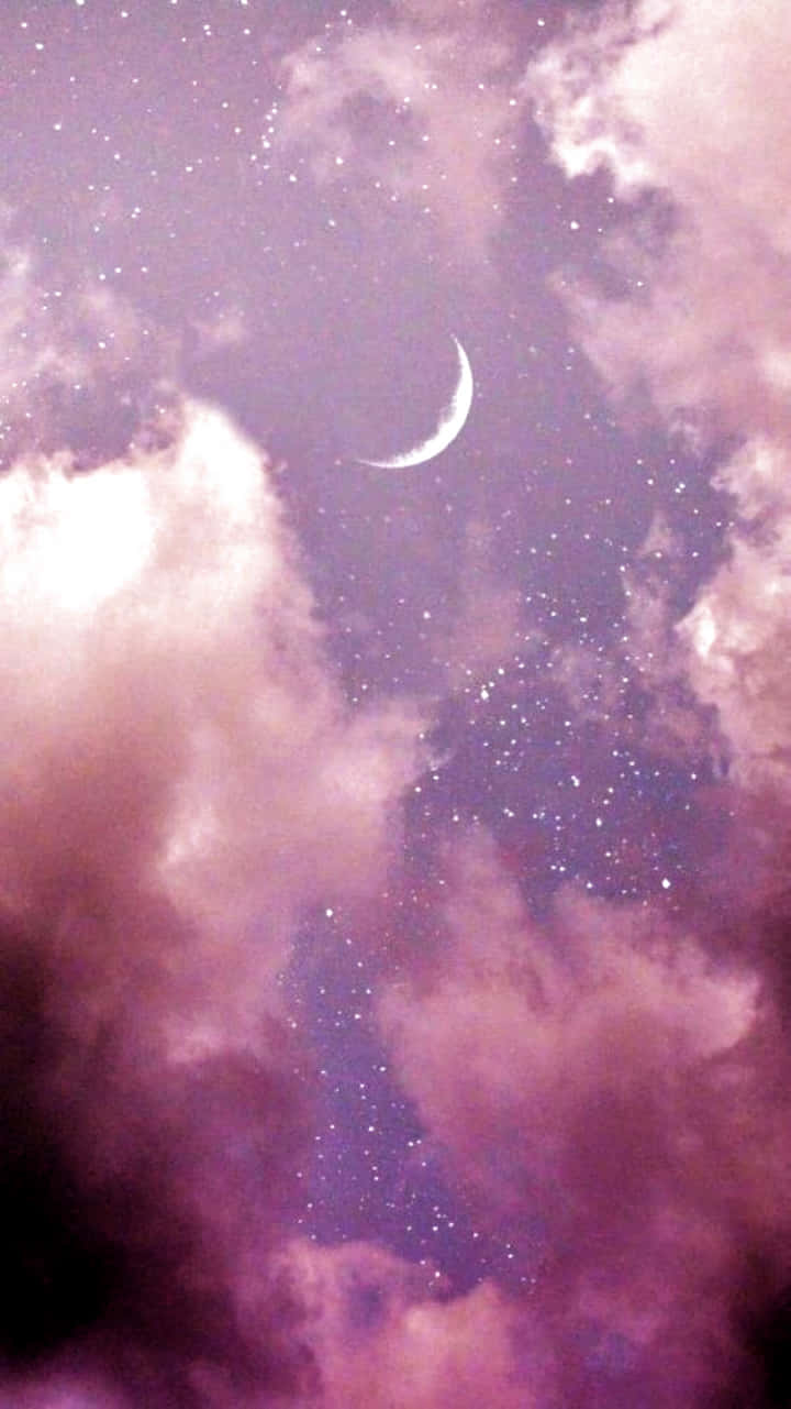 crescent moon, swirling pink and purple clouds, twinkling stars, HD Phone Wallpaper
