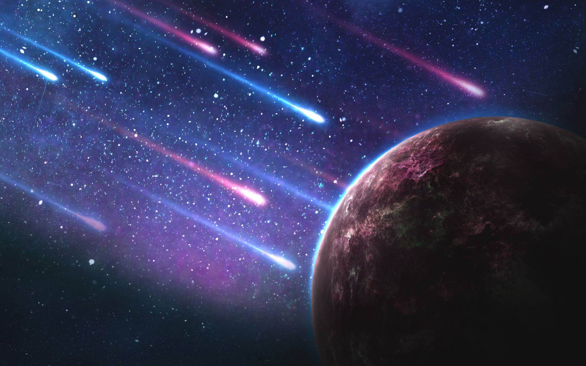 Galaxy Moon, shooting stars, vibrant blue pink meteors, Full HD Desktop Wallpaper