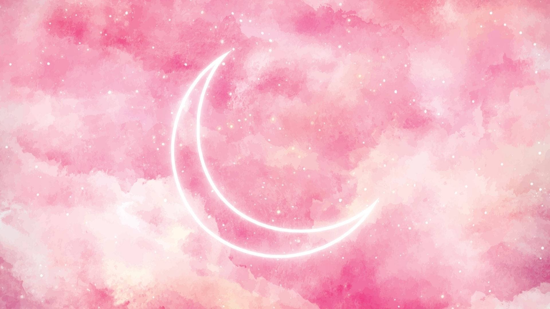 crescent moon, soft pink watercolor clouds, tiny stars, Full HD Desktop Wallpaper