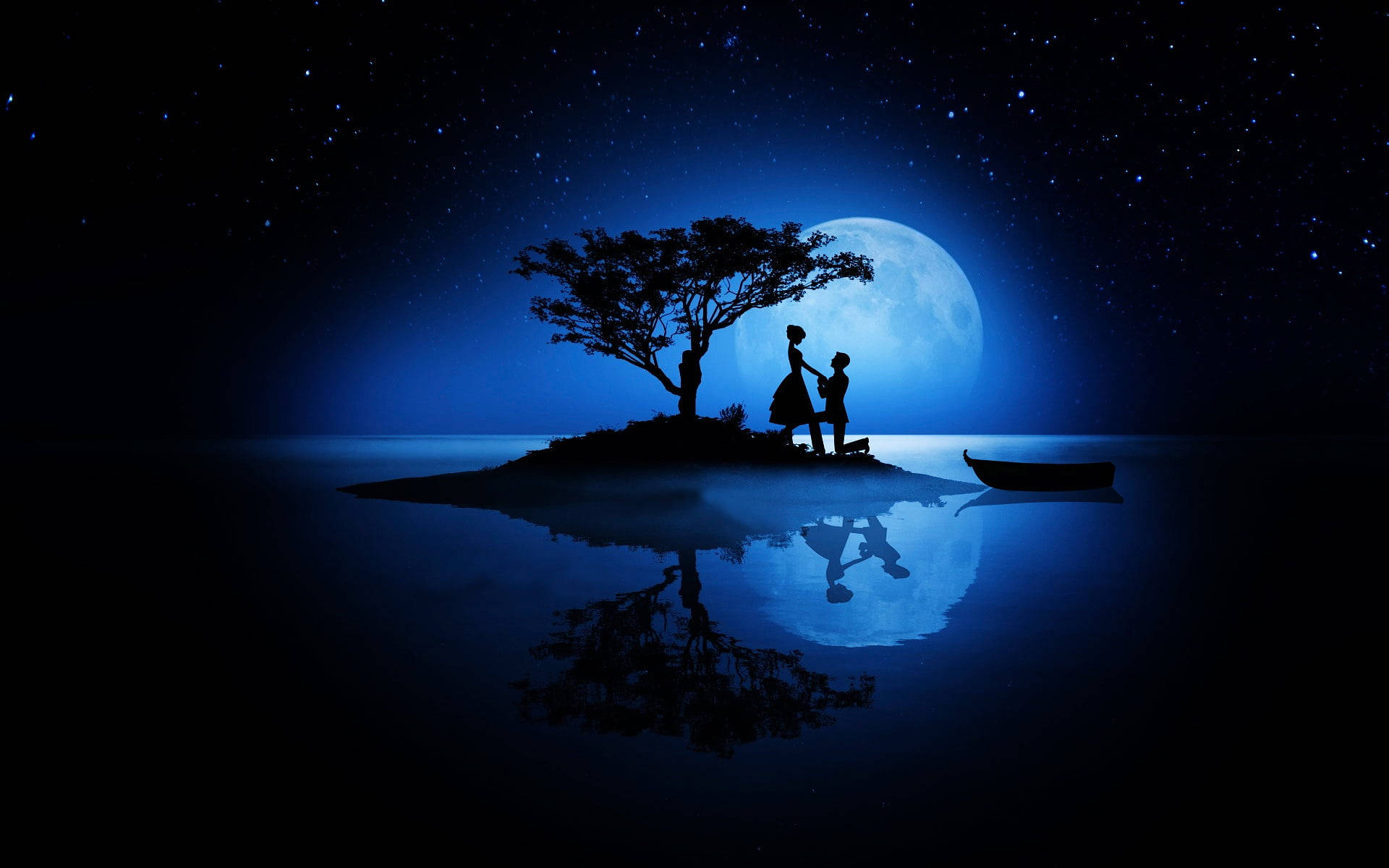 Galaxy Moon, silhouetted couple, glowing moon, Full HD Desktop Wallpaper