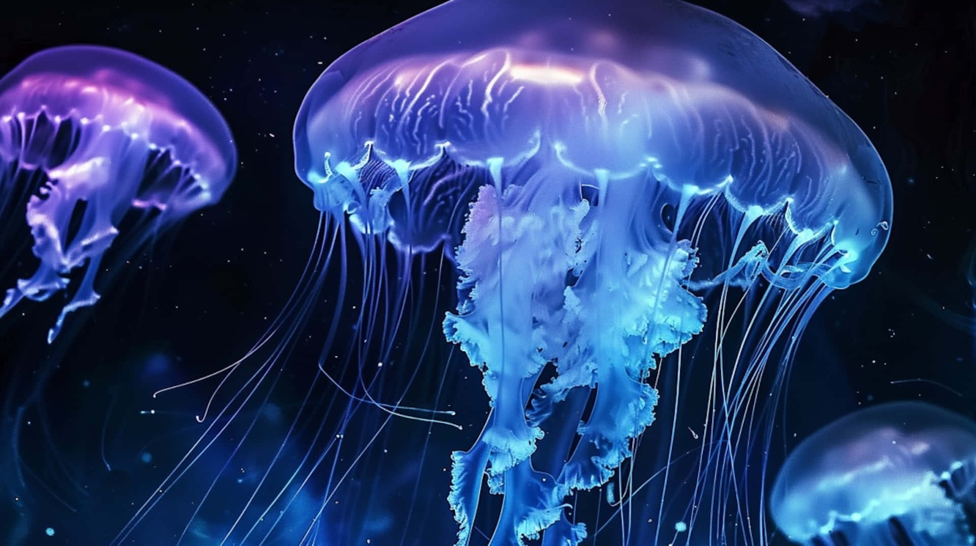 glowing purple and blue jellyfish, dark ocean, floating particles, Full HD Desktop Wallpaper