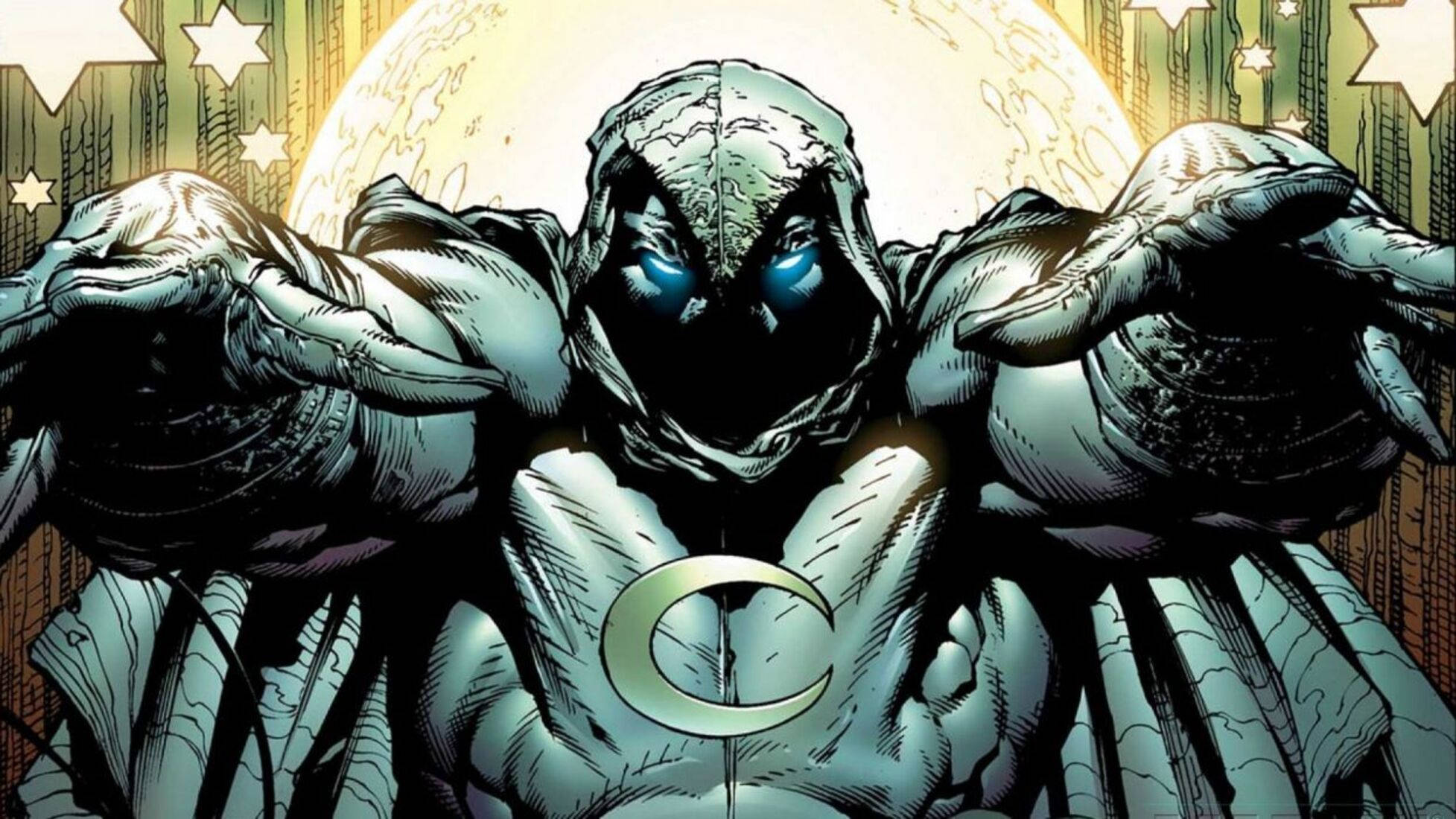 Moon Knight, glowing blue eyes, crescent moon emblem, Full HD Desktop Wallpaper