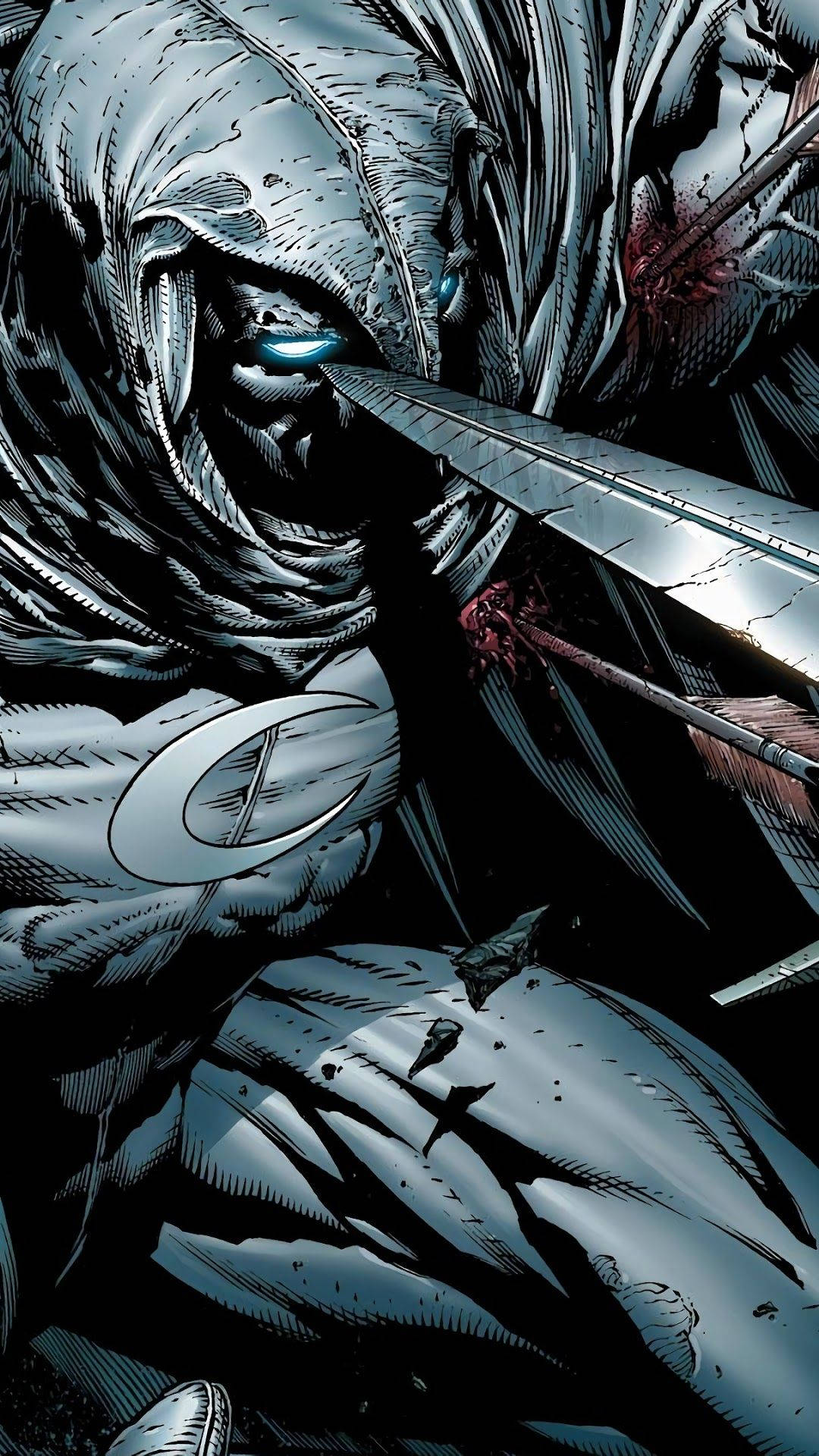 Moon Knight, glowing blue eyes, bloodied arrow, Full HD Phone Wallpaper