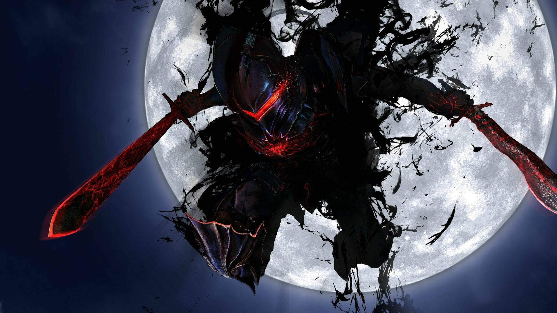 dark armored warrior, glowing red blades, glowing red eyes, Full HD Desktop Wallpaper