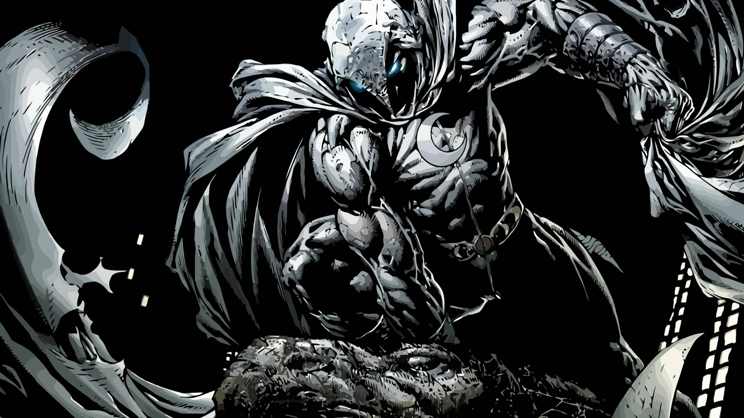 Moon Knight, glowing blue eyes, flowing cape, 2K Desktop Wallpaper