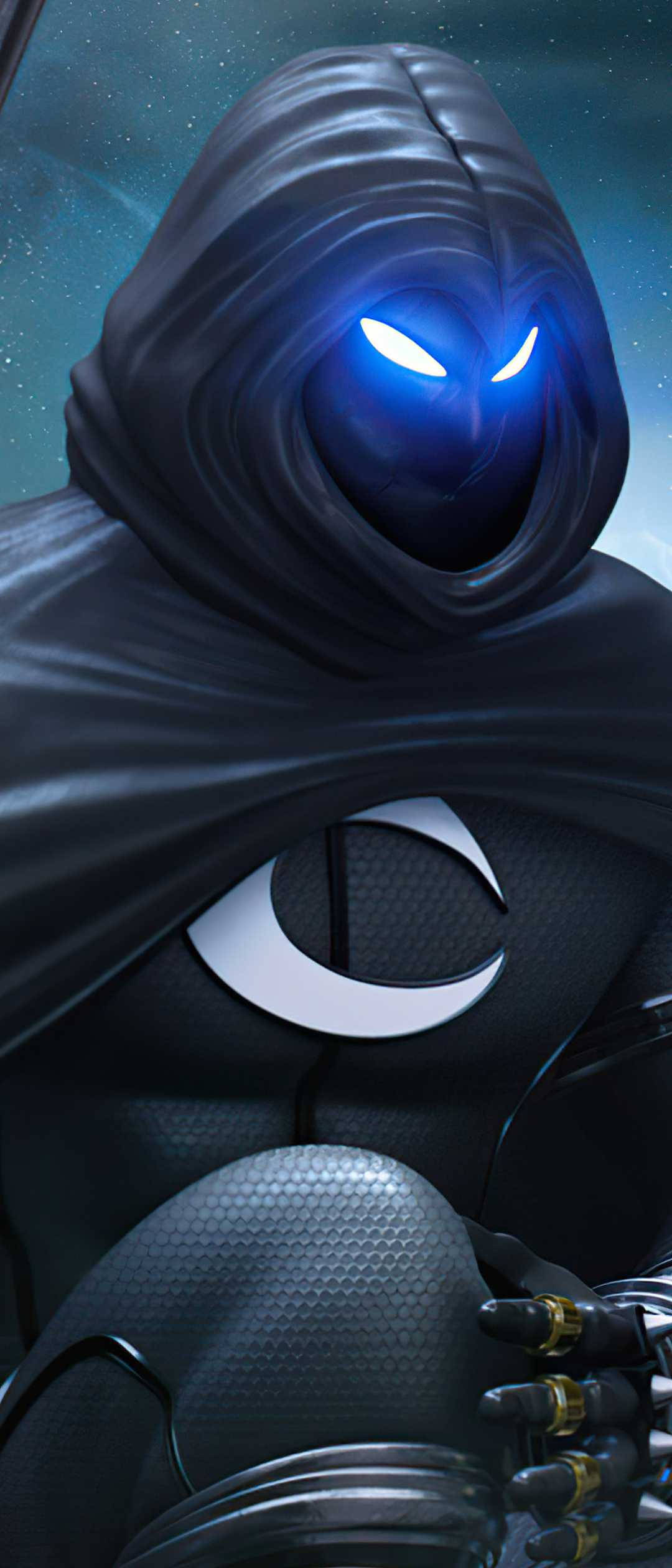Black Warrior Moon Knight, glowing blue eyes, crescent moon emblem, Full HD Phone Wallpaper