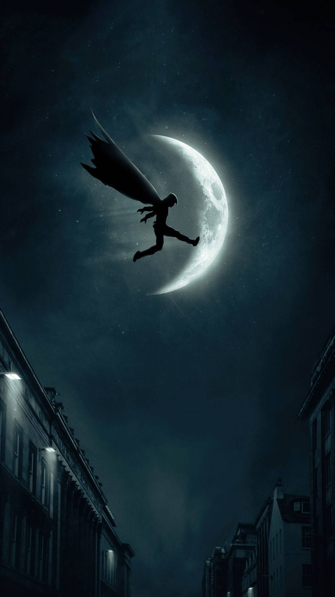 Moon Knight, glowing crescent moon, dark city street, Full HD Phone Wallpaper