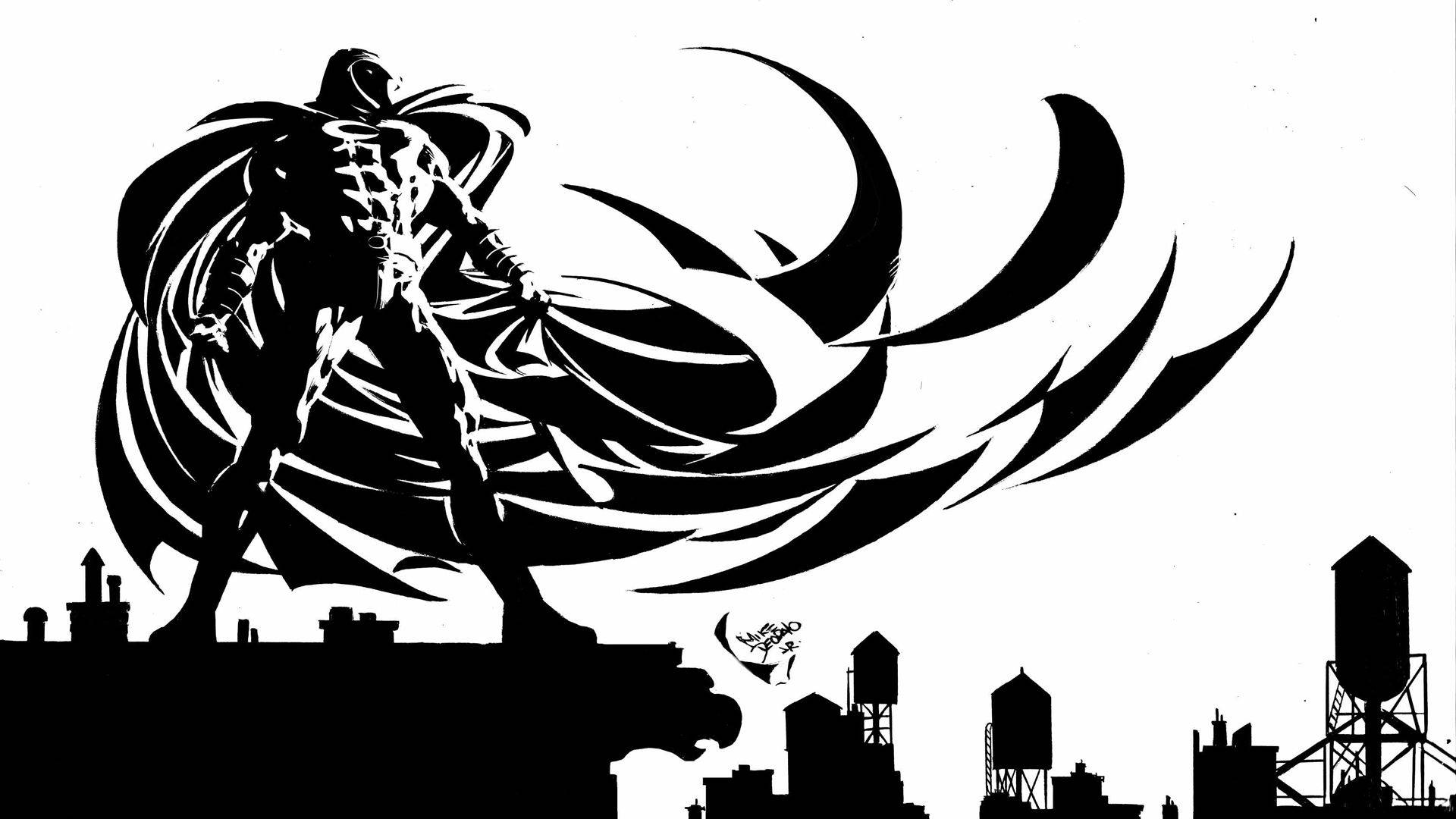 Moon Knight, black and white silhouette, flowing cape, Full HD Desktop Wallpaper