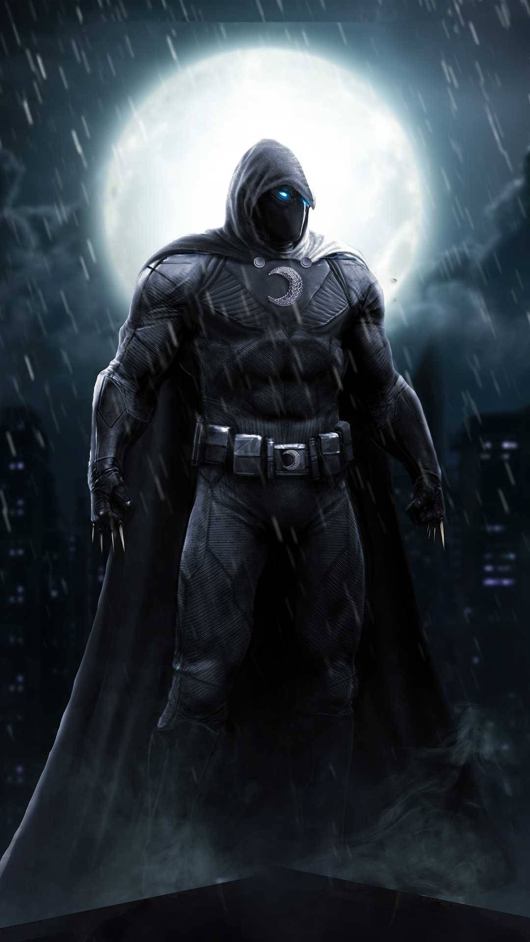 Moon Knight, glowing blue eyes, crescent moon emblem, Full HD Phone Wallpaper