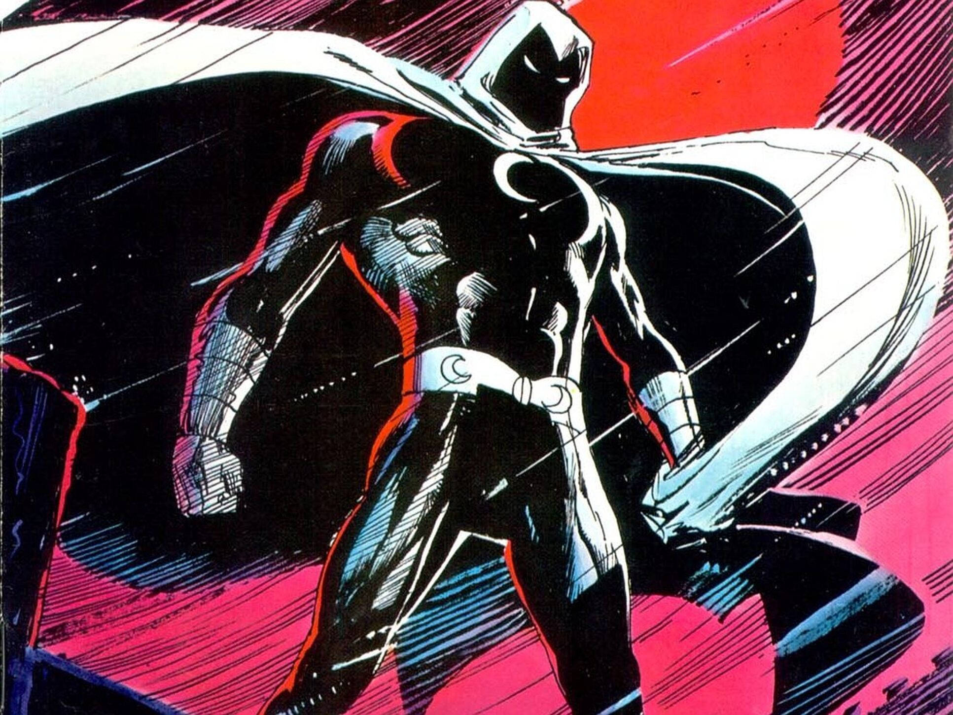 Moon Knight, black and white costume, red accents, Full HD Desktop Wallpaper