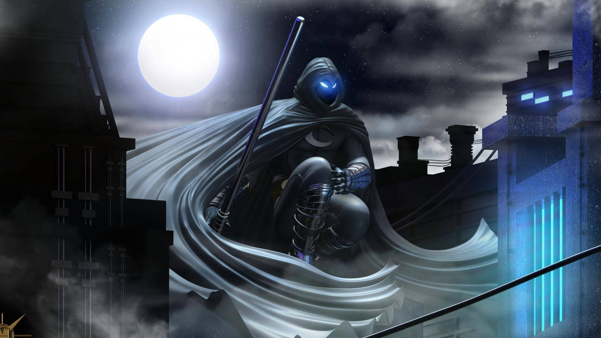 Moon Knight, glowing blue eyes, rooftop, Full HD Desktop Wallpaper