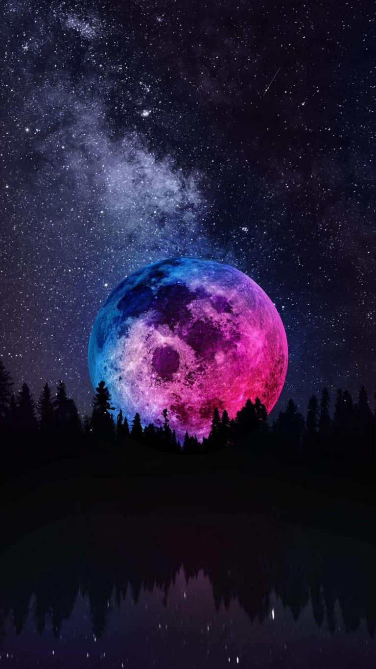 cool moon, blue and pink hues, forest, HD Phone Wallpaper