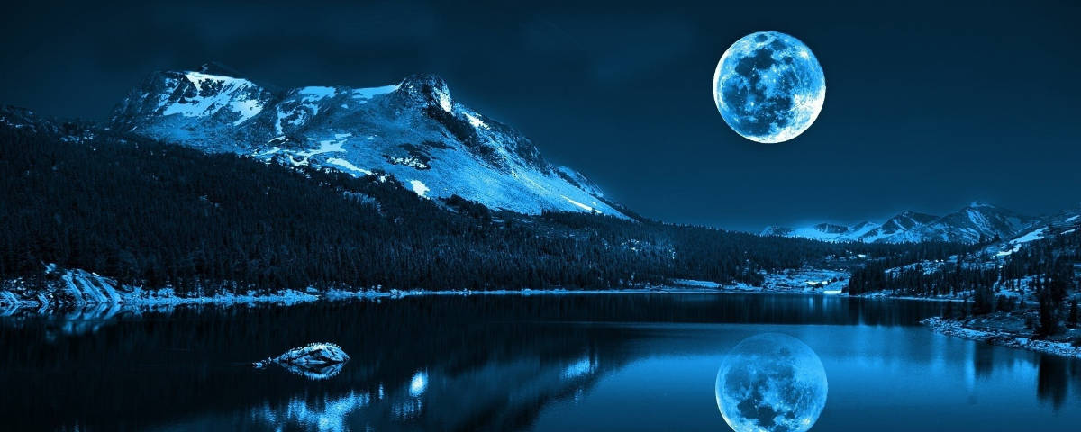 blue moon, snow-capped mountains, moonlit lake, SD Desktop Wallpaper