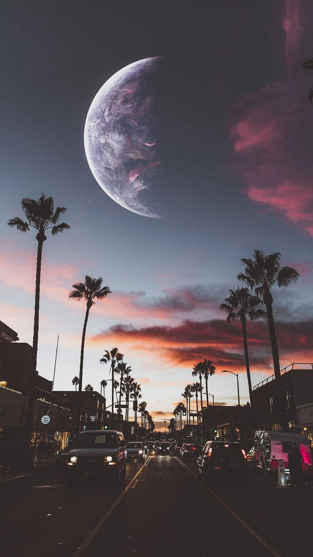 Moon, sky view, surreal urban street, Full HD Phone Wallpaper