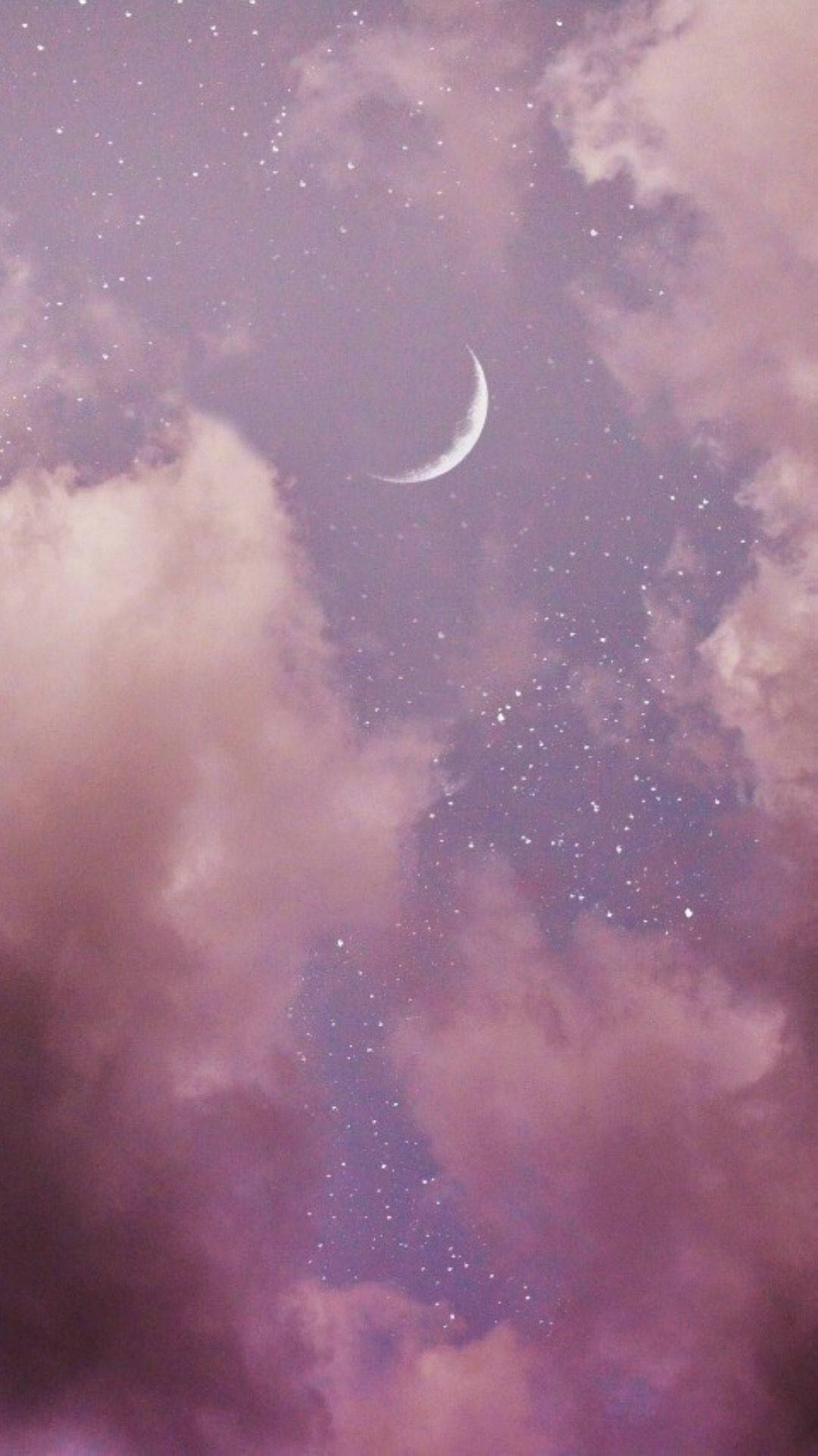 crescent moon, fluffy pink clouds, starry purple night sky, Full HD Phone Wallpaper