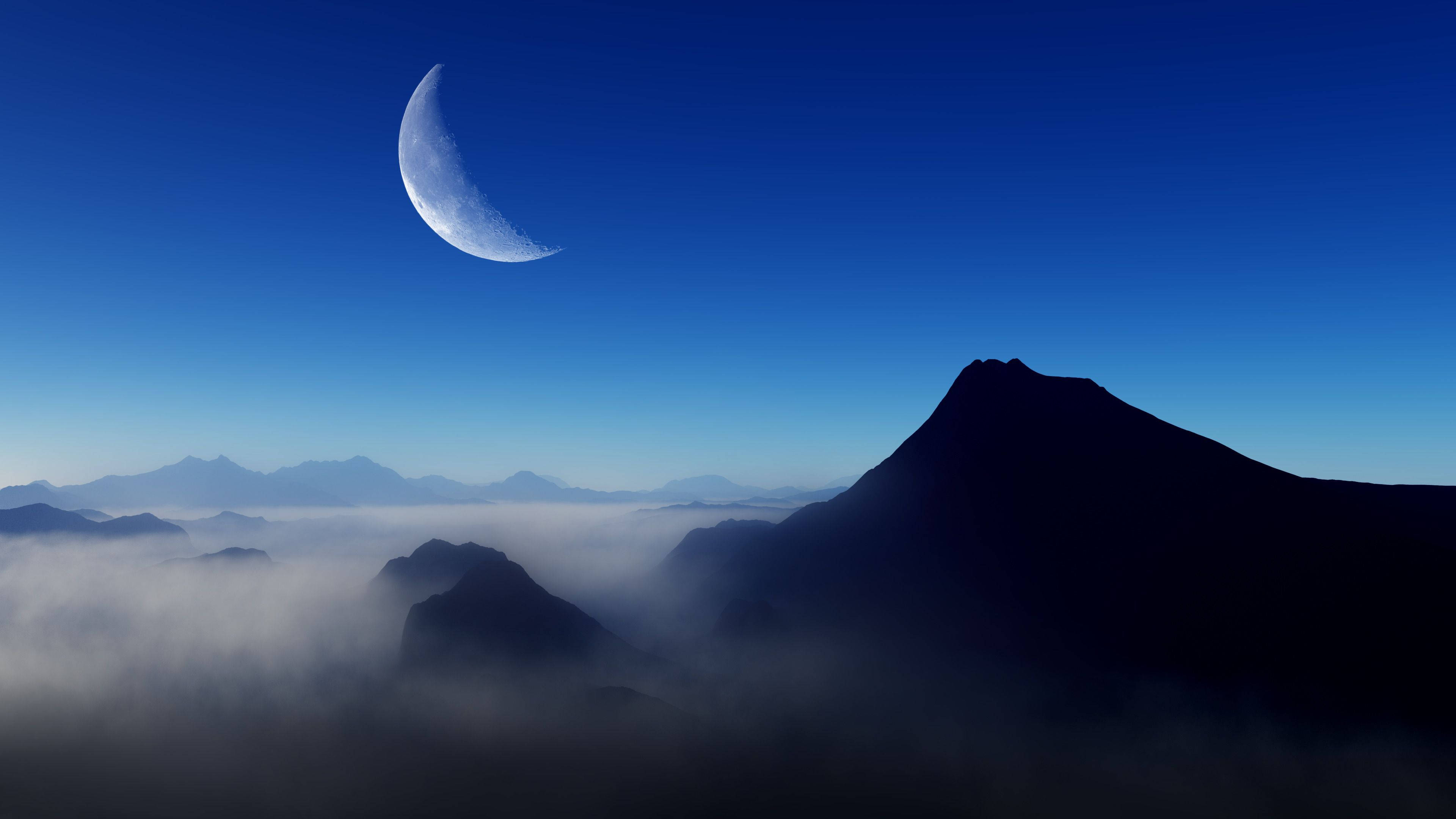 crescent moon, jagged mountain peaks, sea of mist, 4K Desktop Wallpaper