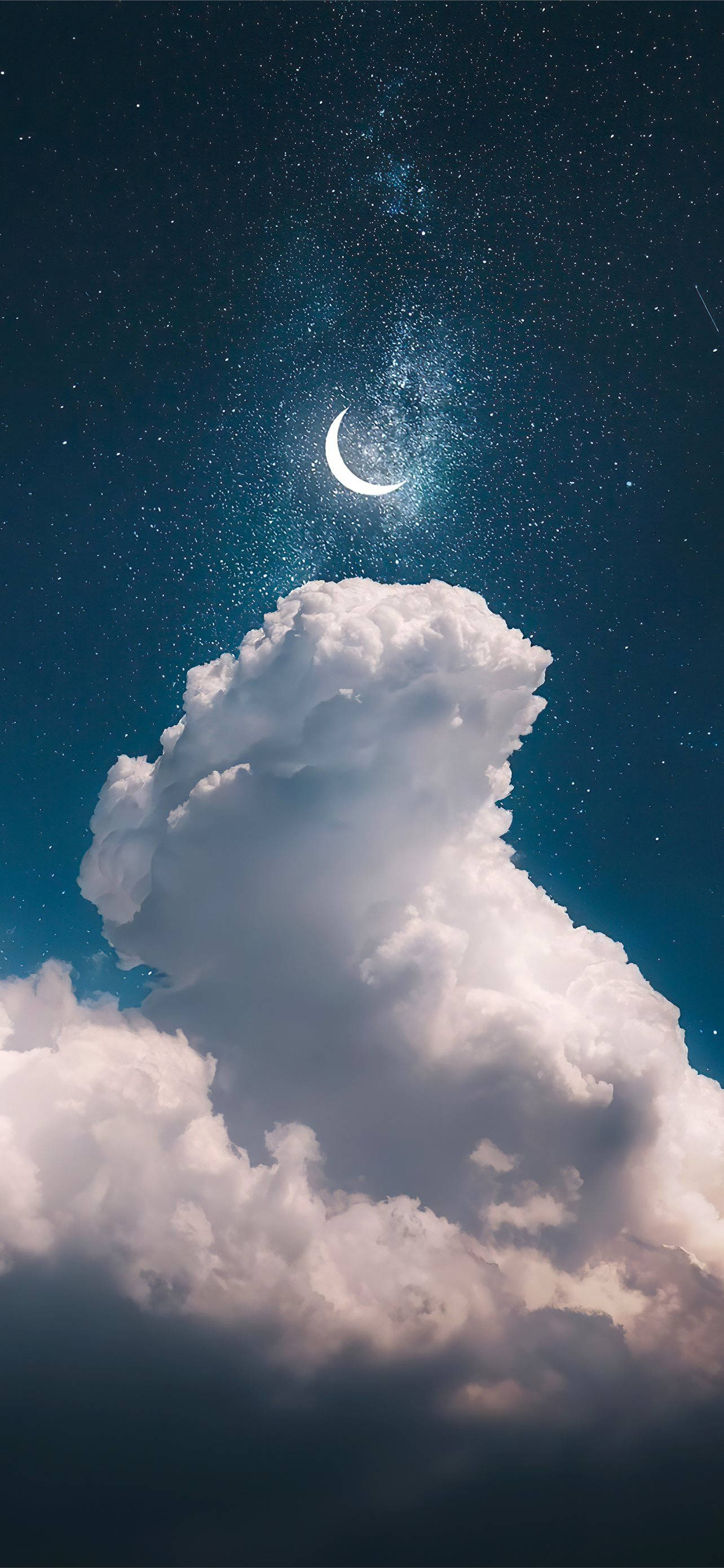 luminous crescent moon, massive cloud, starry night sky, 2K Phone Wallpaper