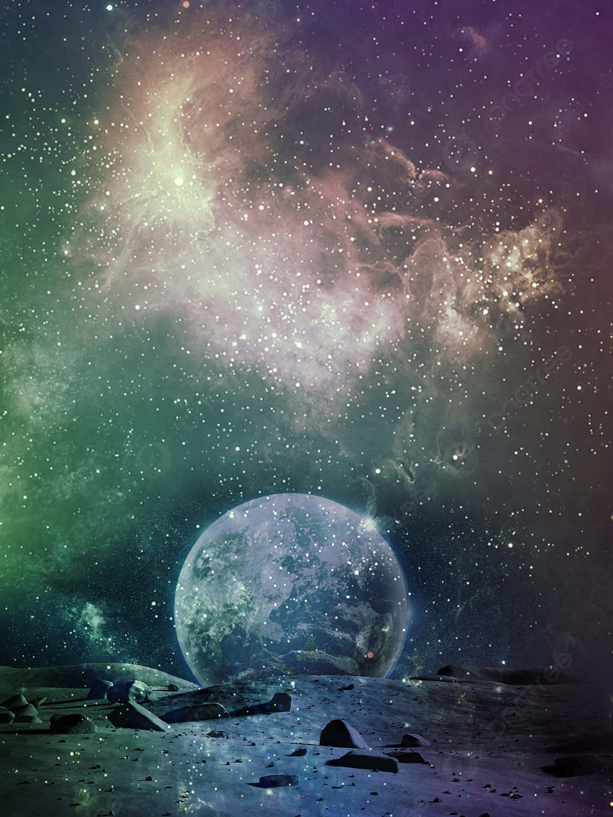 moon, rocky terrain, vibrant nebula, HD Phone Wallpaper