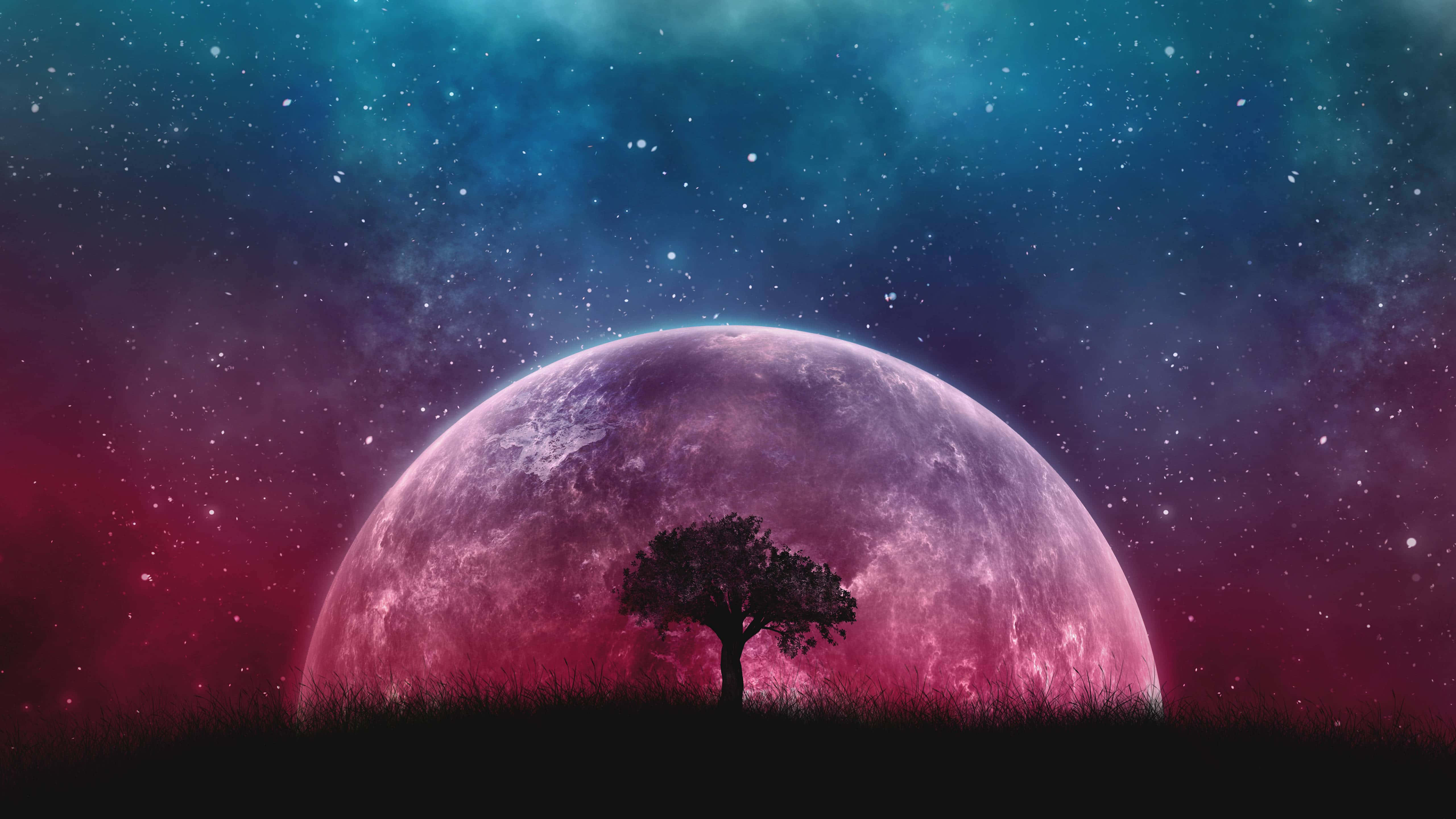 surreal moonrise, tree silhouette, massive purple planet, 5K Desktop Wallpaper